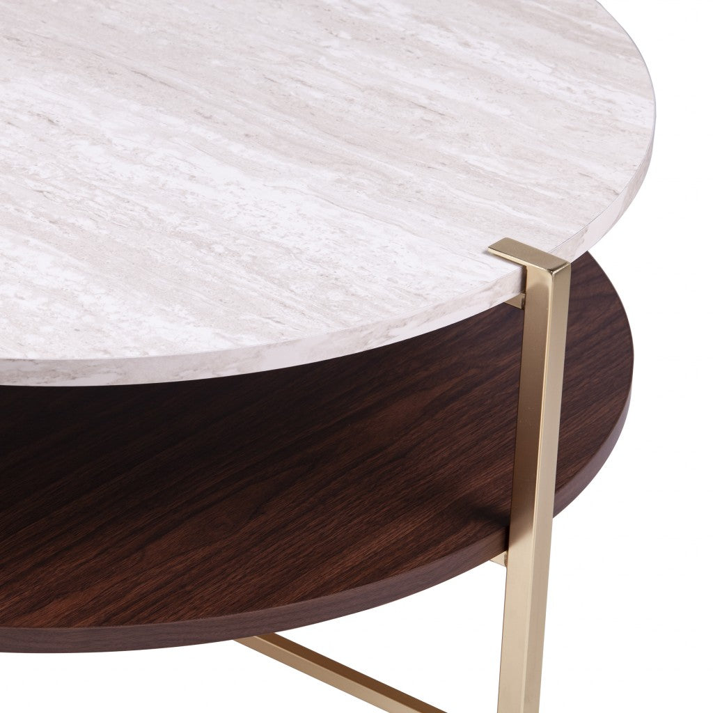 33" Brass Solid Manufactured Wood And Metal Round Coffee Table-Coffee Tables-DECOROLALA