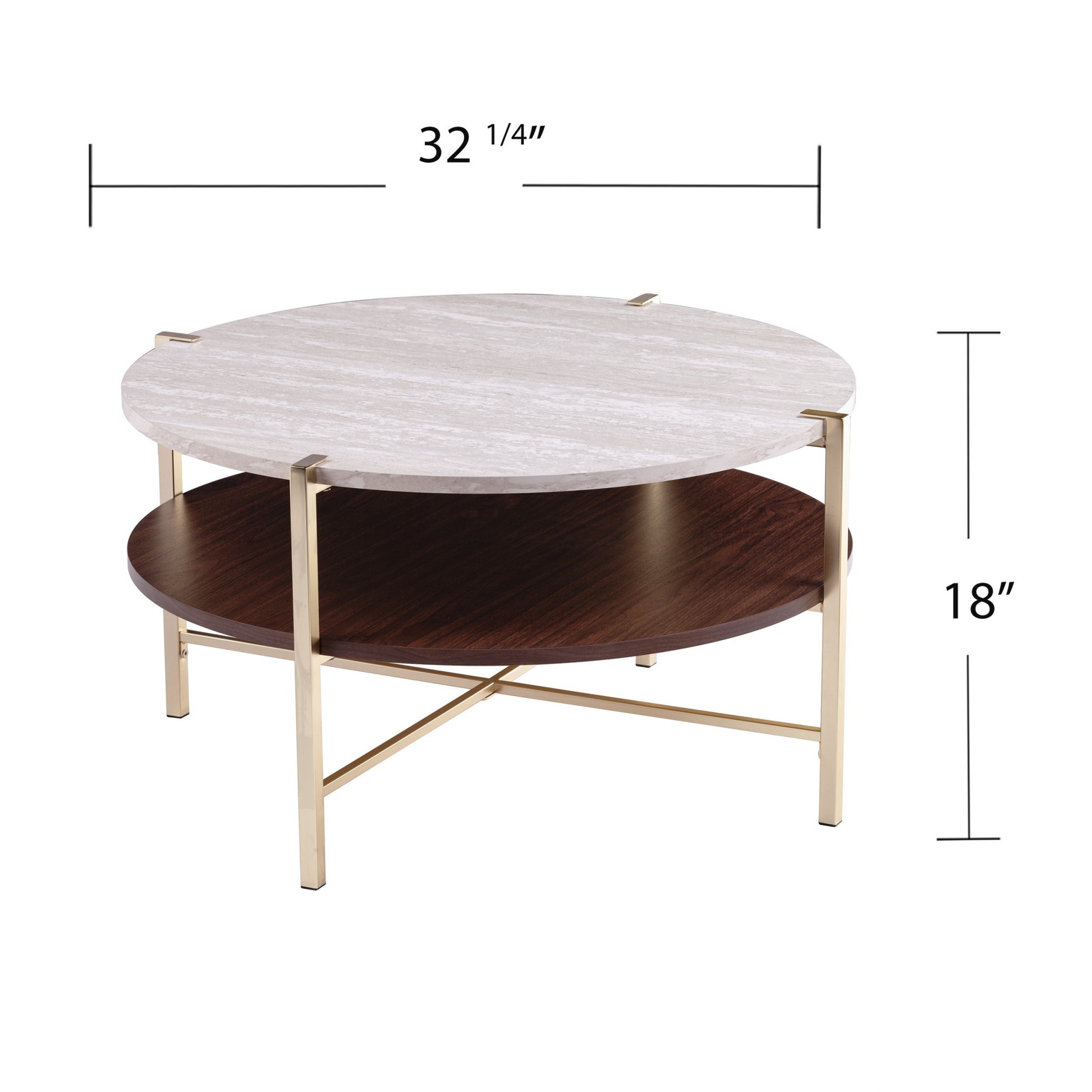 33" Brass Solid Manufactured Wood And Metal Round Coffee Table-Coffee Tables-DECOROLALA