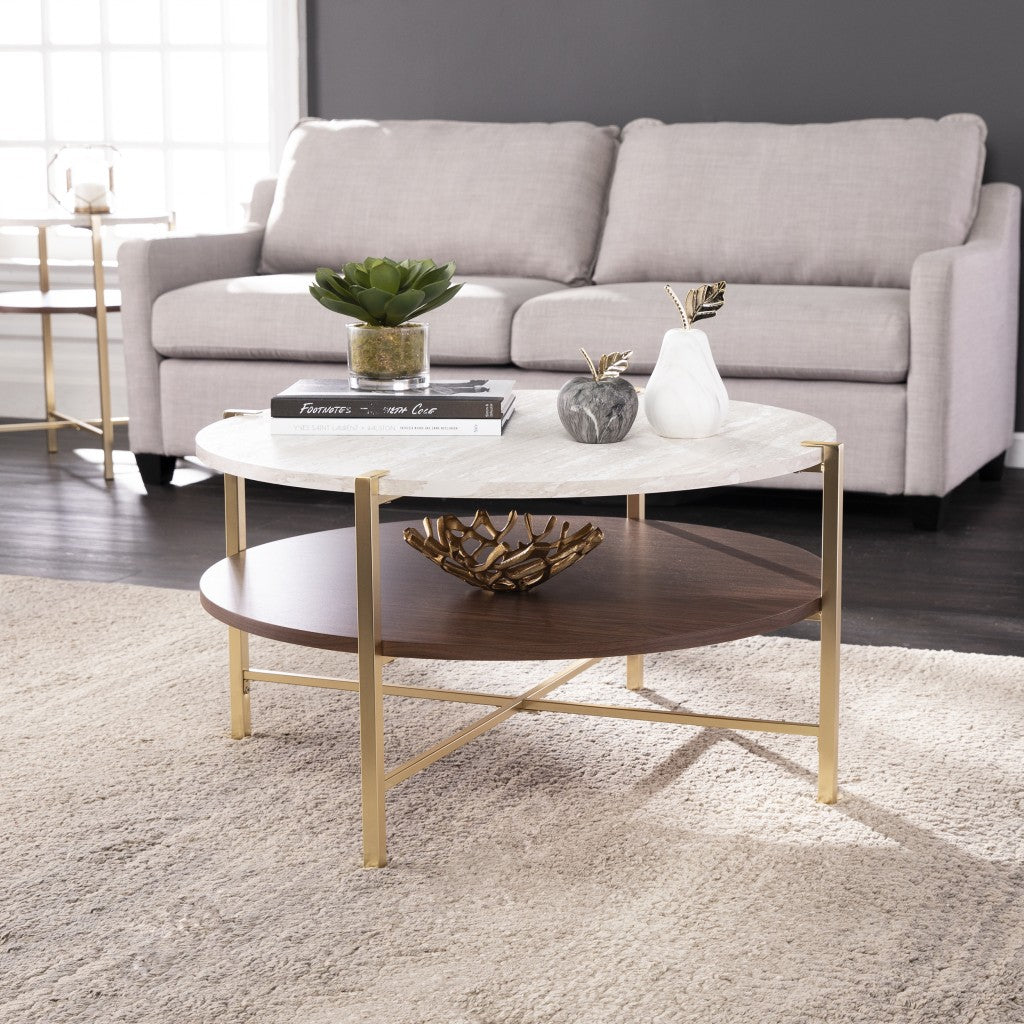 33" Brass Solid Manufactured Wood And Metal Round Coffee Table-Coffee Tables-DECOROLALA