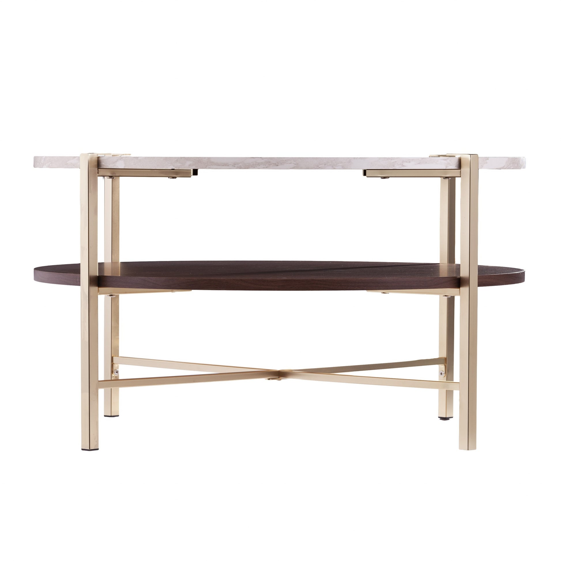 33" Brass Solid Manufactured Wood And Metal Round Coffee Table-Coffee Tables-DECOROLALA