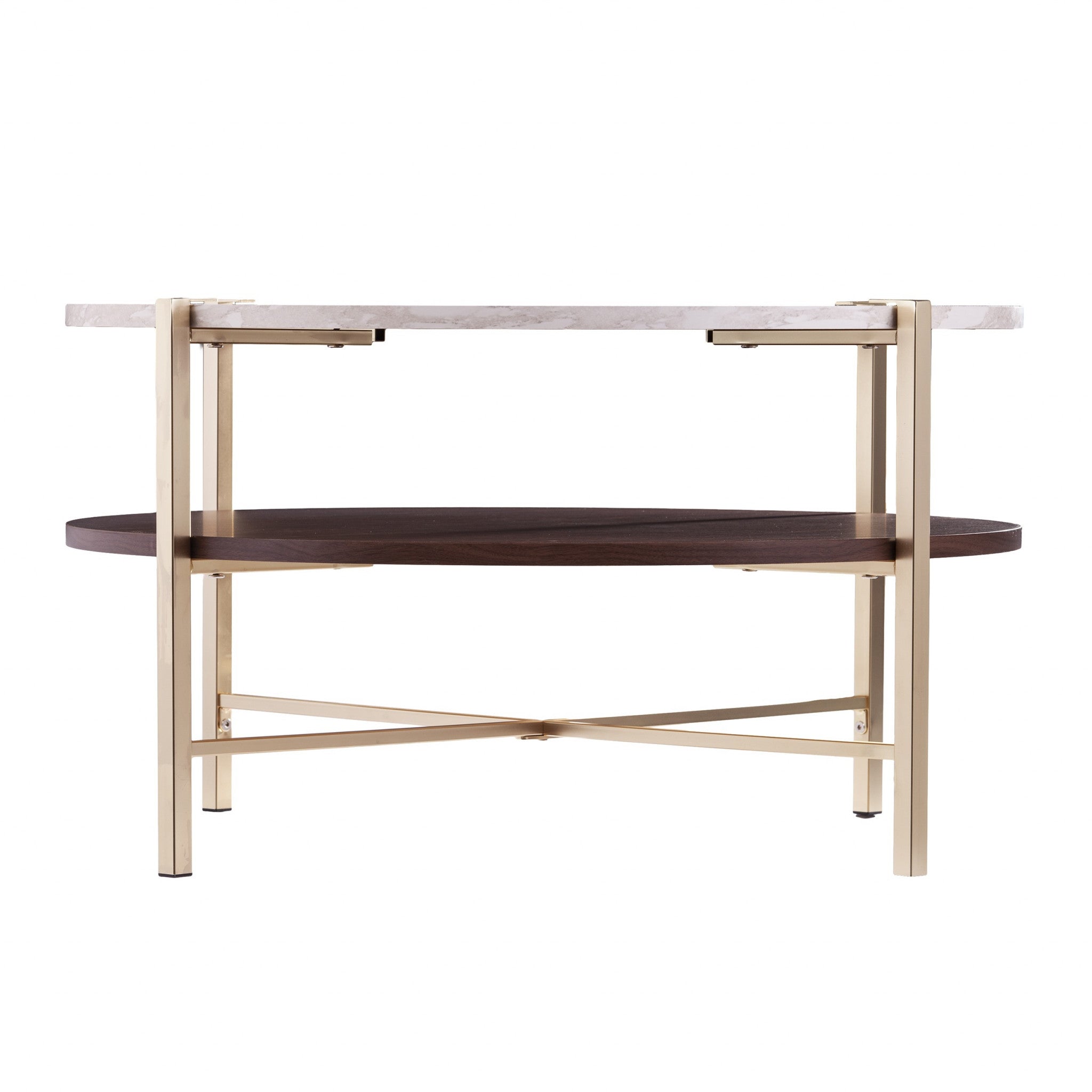 33" Brass Solid Manufactured Wood And Metal Round Coffee Table-Coffee Tables-DECOROLALA