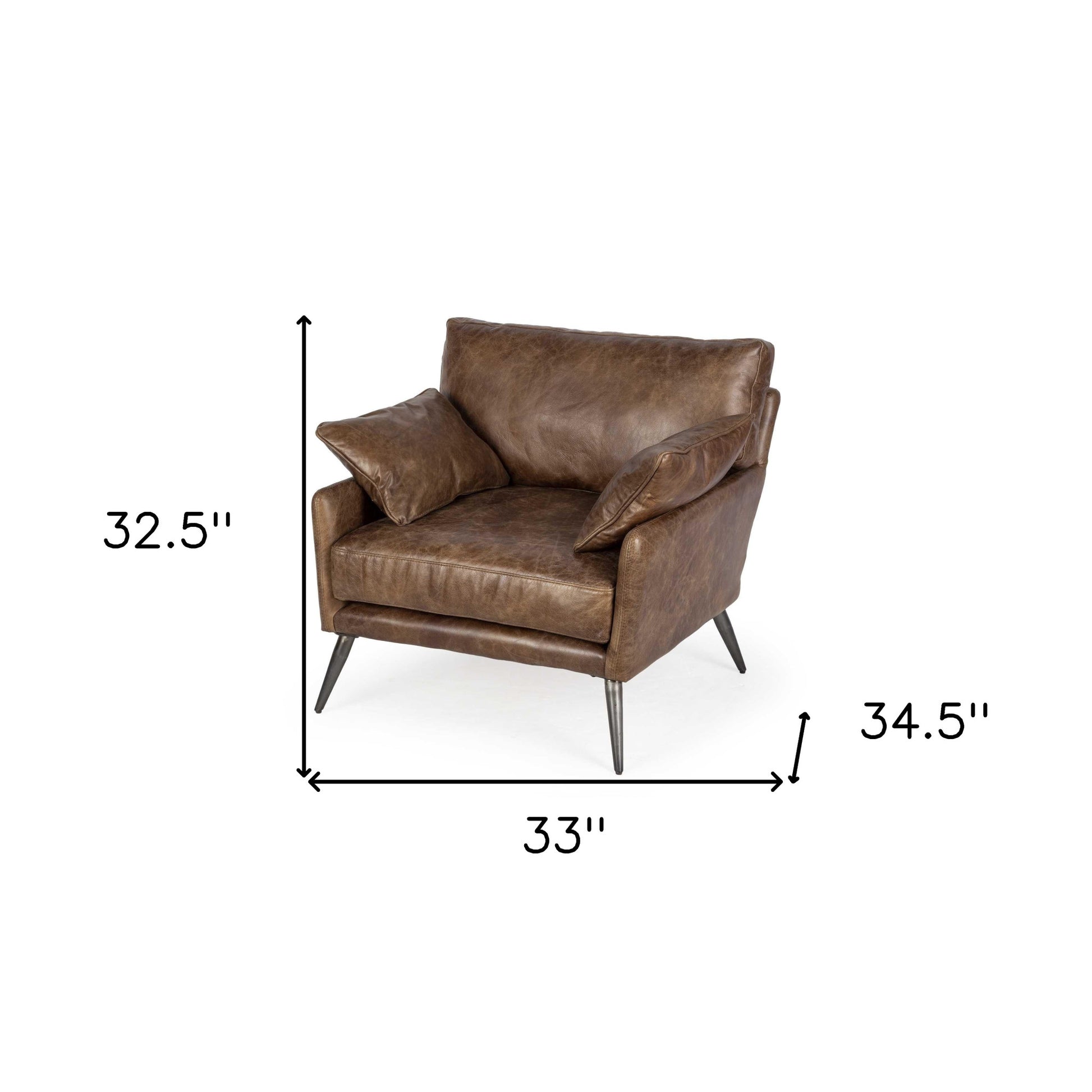 33" Brown Genuine Leather and Solid Wood Distressed Arm Chair-Accent Chairs-DECOROLALA