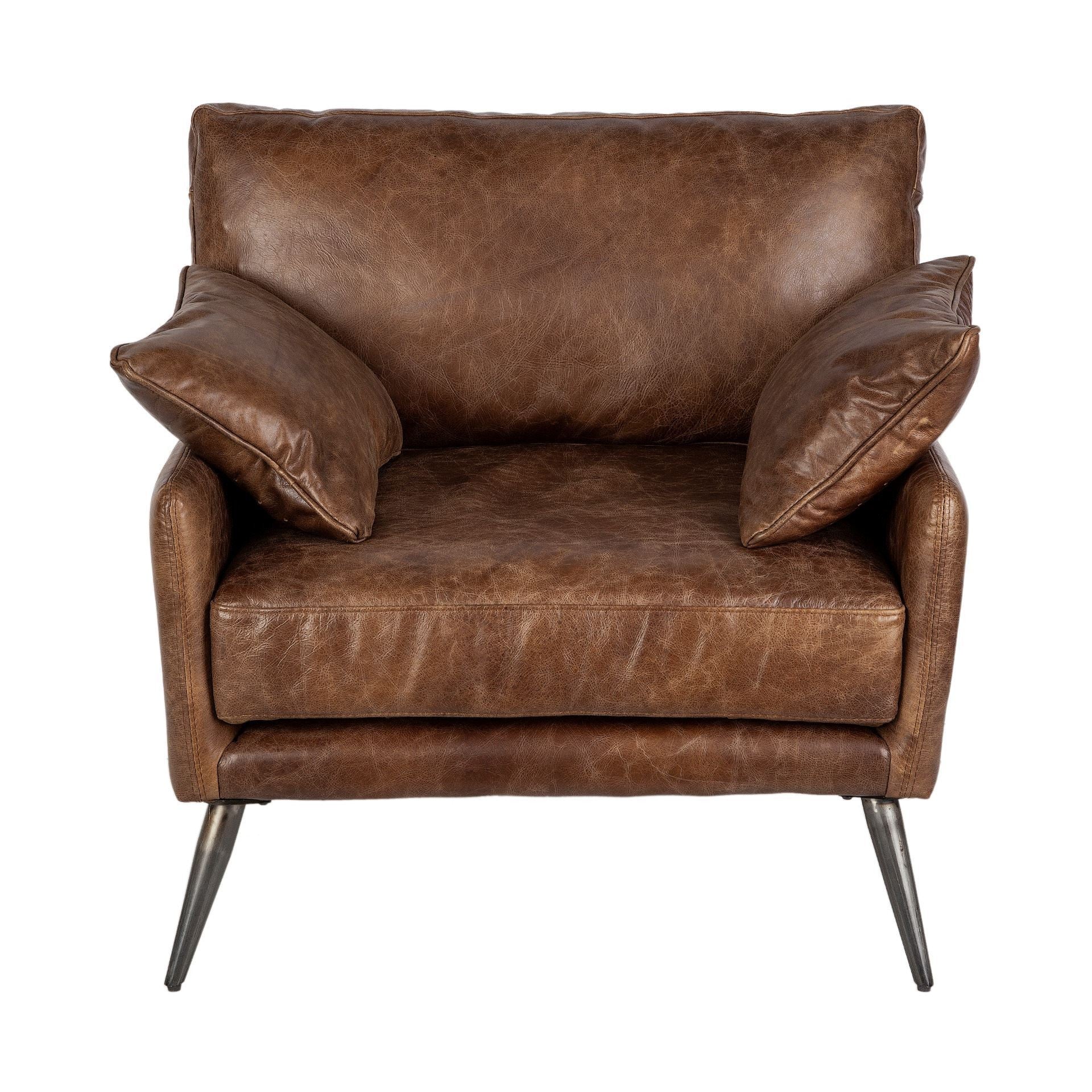 33" Brown Genuine Leather and Solid Wood Distressed Arm Chair-Accent Chairs-DECOROLALA