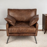 33" Brown Genuine Leather and Solid Wood Distressed Arm Chair-Accent Chairs-DECOROLALA