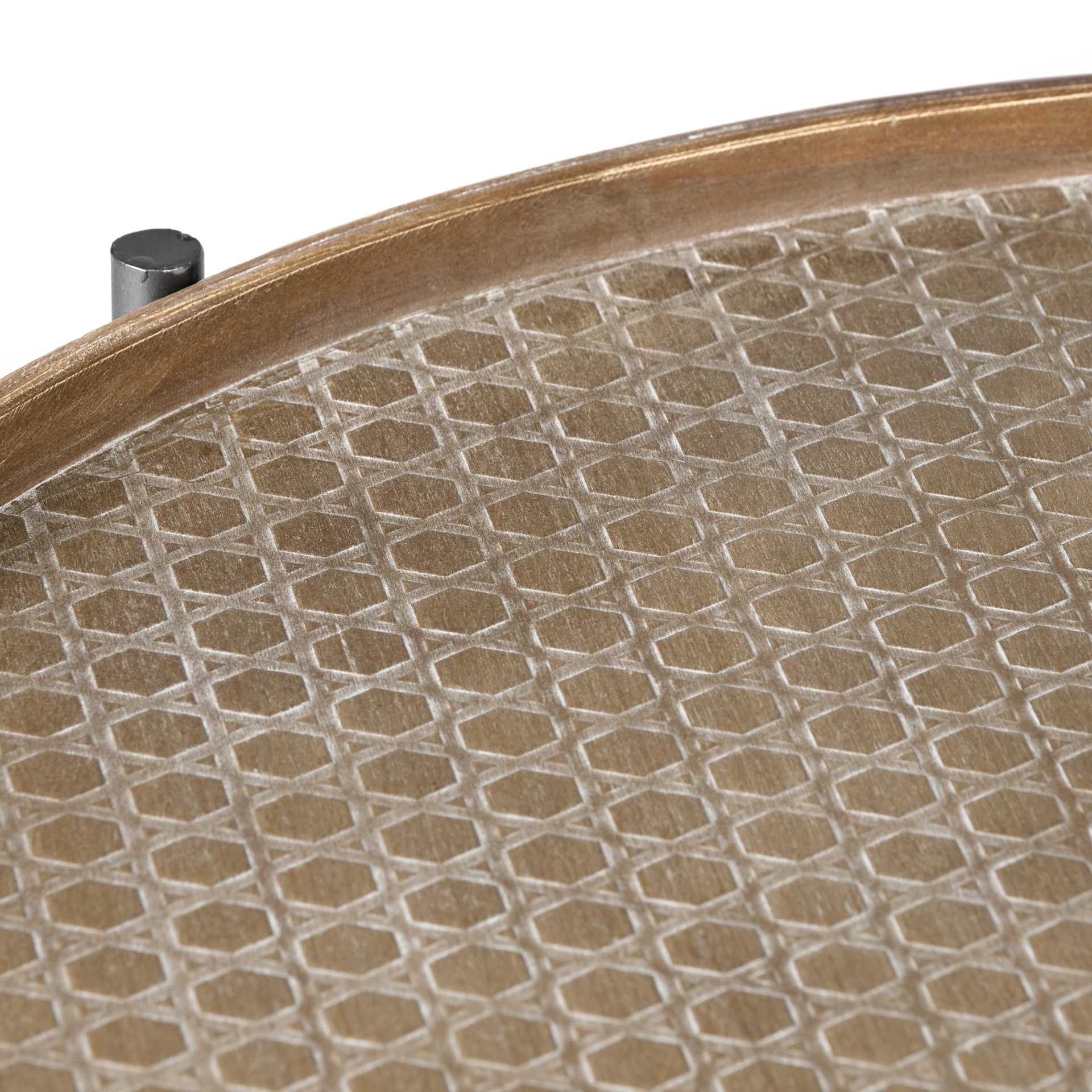 33" Brown and Black Solid Wood and Iron Round Coffee Table With Shelf-Coffee Tables-DECOROLALA