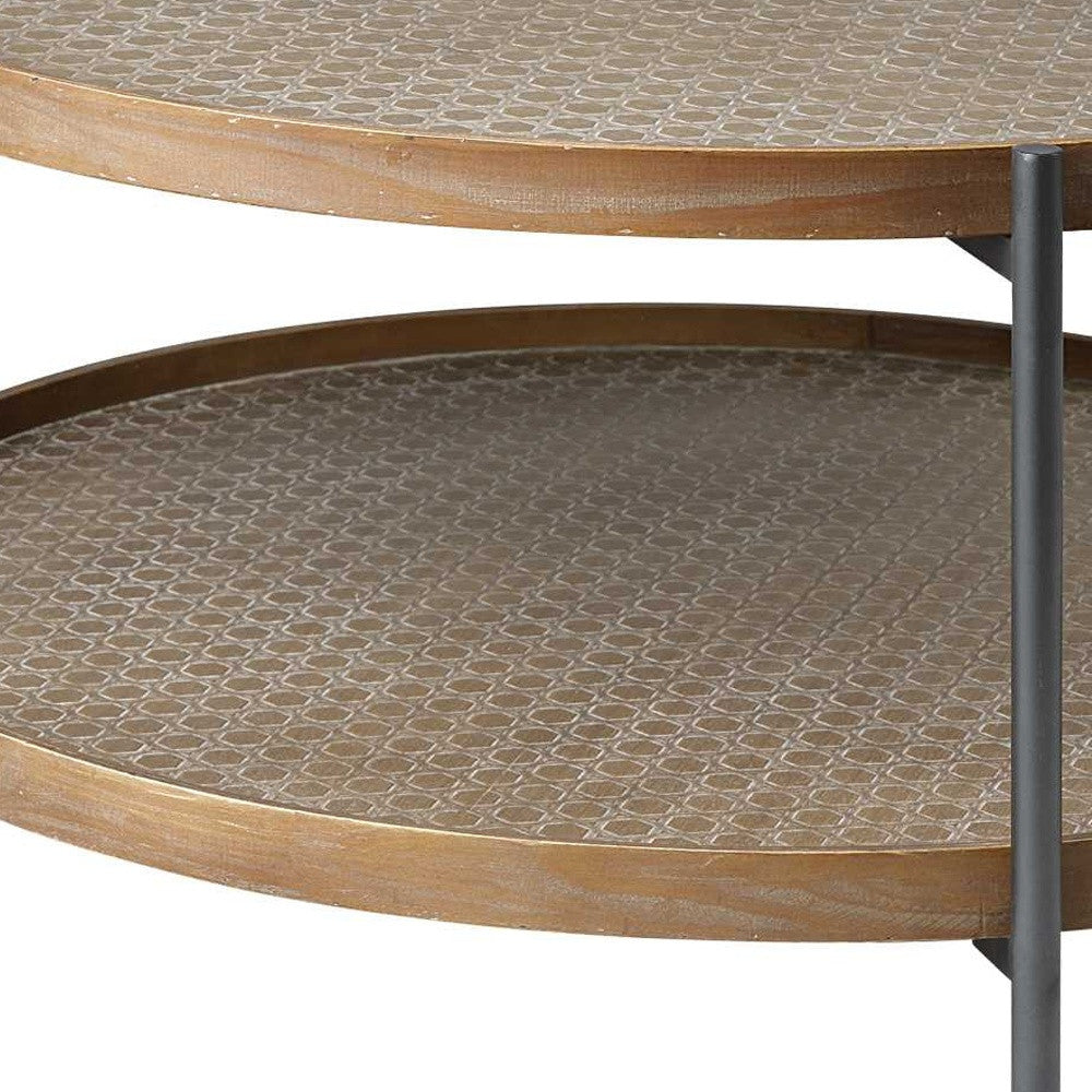 33" Brown and Black Solid Wood and Iron Round Coffee Table With Shelf-Coffee Tables-DECOROLALA