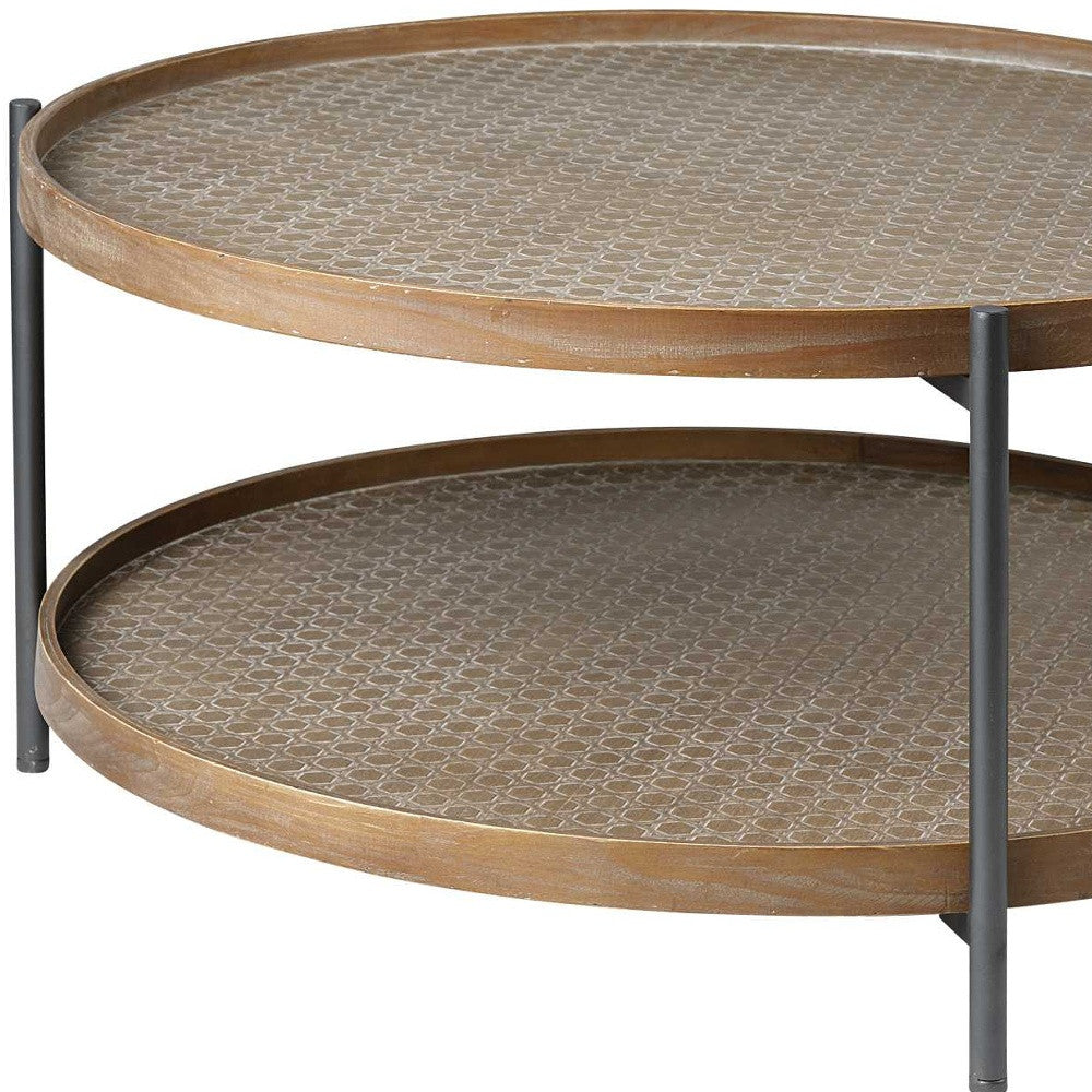 33" Brown and Black Solid Wood and Iron Round Coffee Table With Shelf-Coffee Tables-DECOROLALA