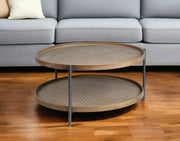 33" Brown and Black Solid Wood and Iron Round Coffee Table With Shelf-Coffee Tables-DECOROLALA