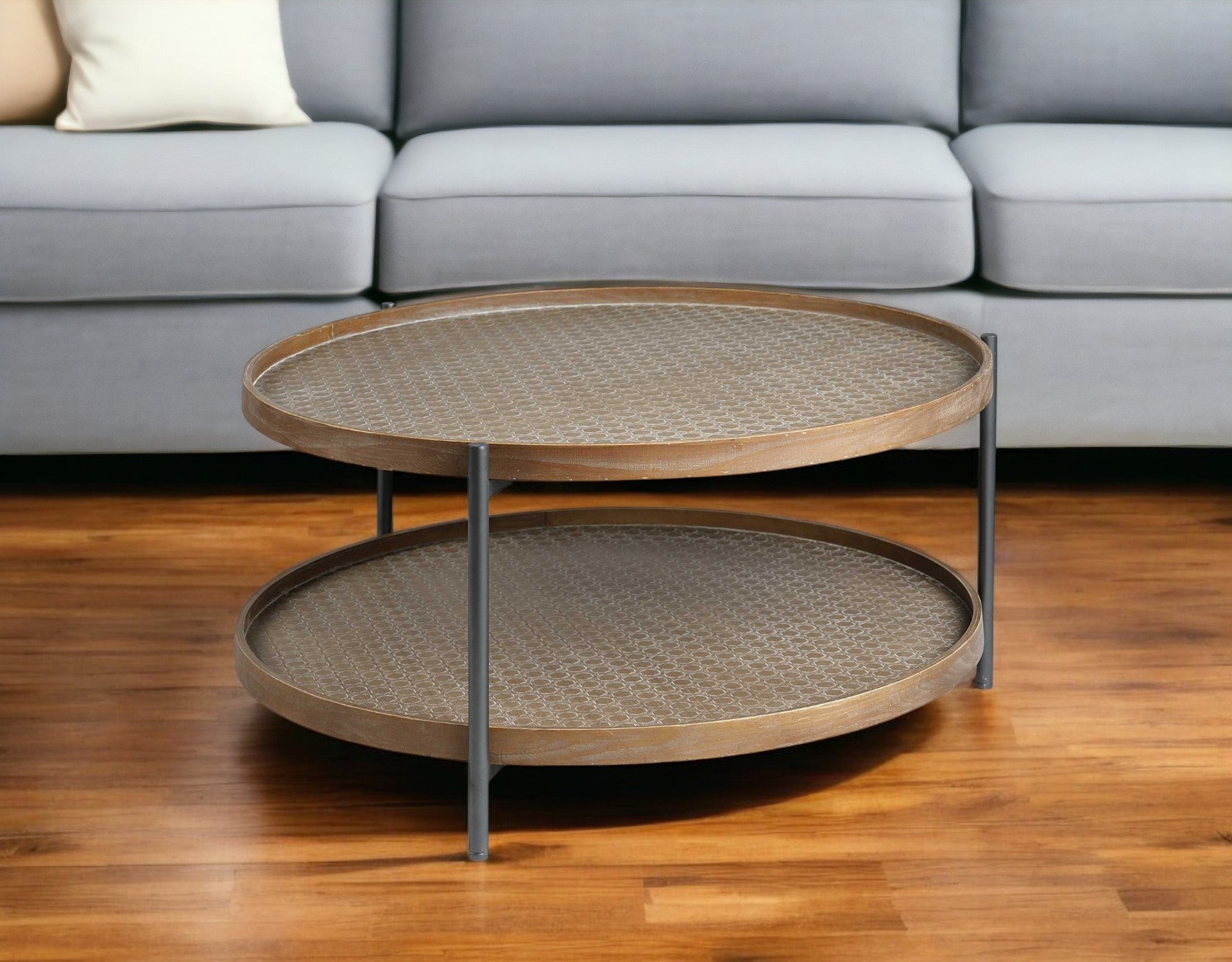 33" Brown and Black Solid Wood and Iron Round Coffee Table With Shelf-Coffee Tables-DECOROLALA