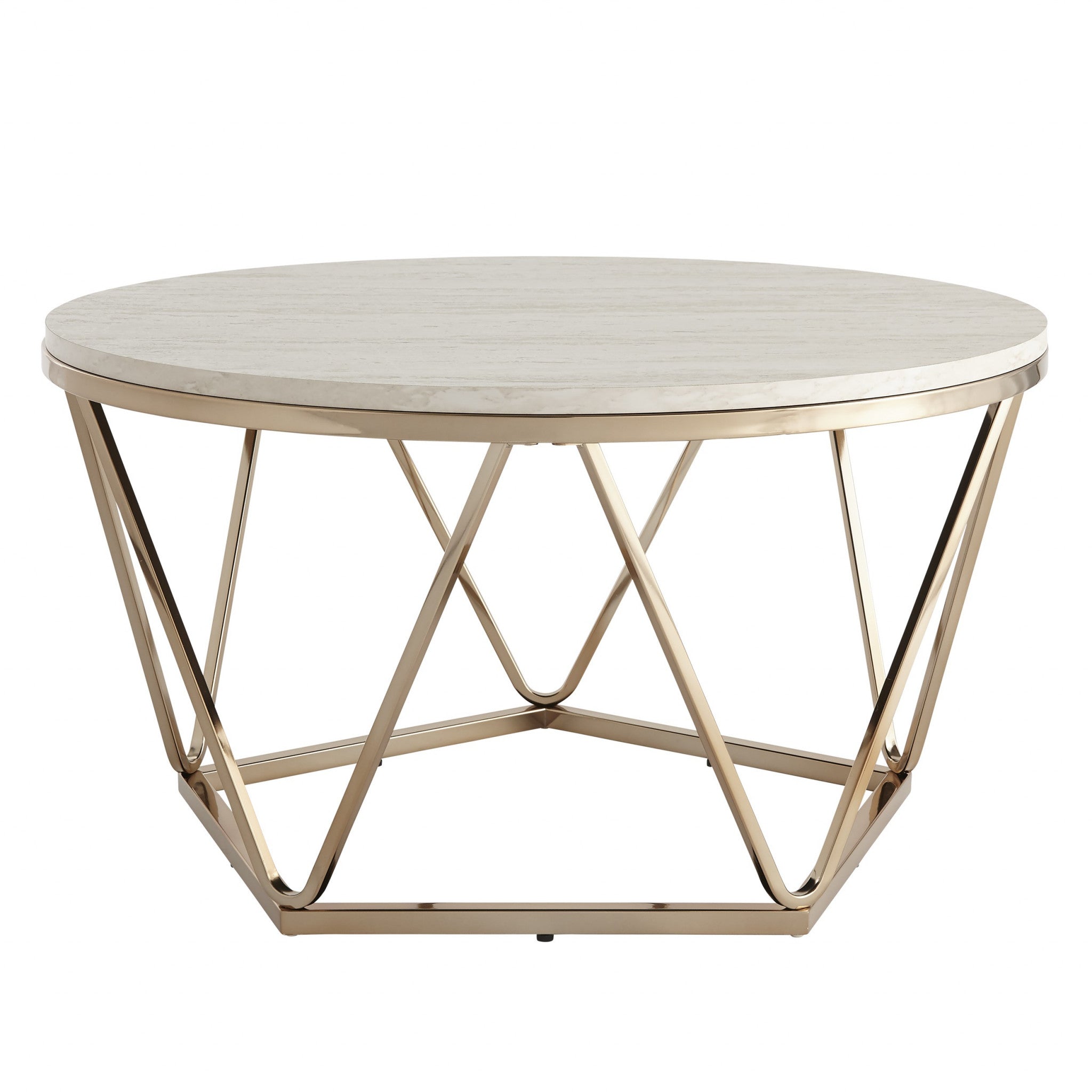 33" Champagne Solid Manufactured Wood And Metal Round Coffee Table-Coffee Tables-DECOROLALA