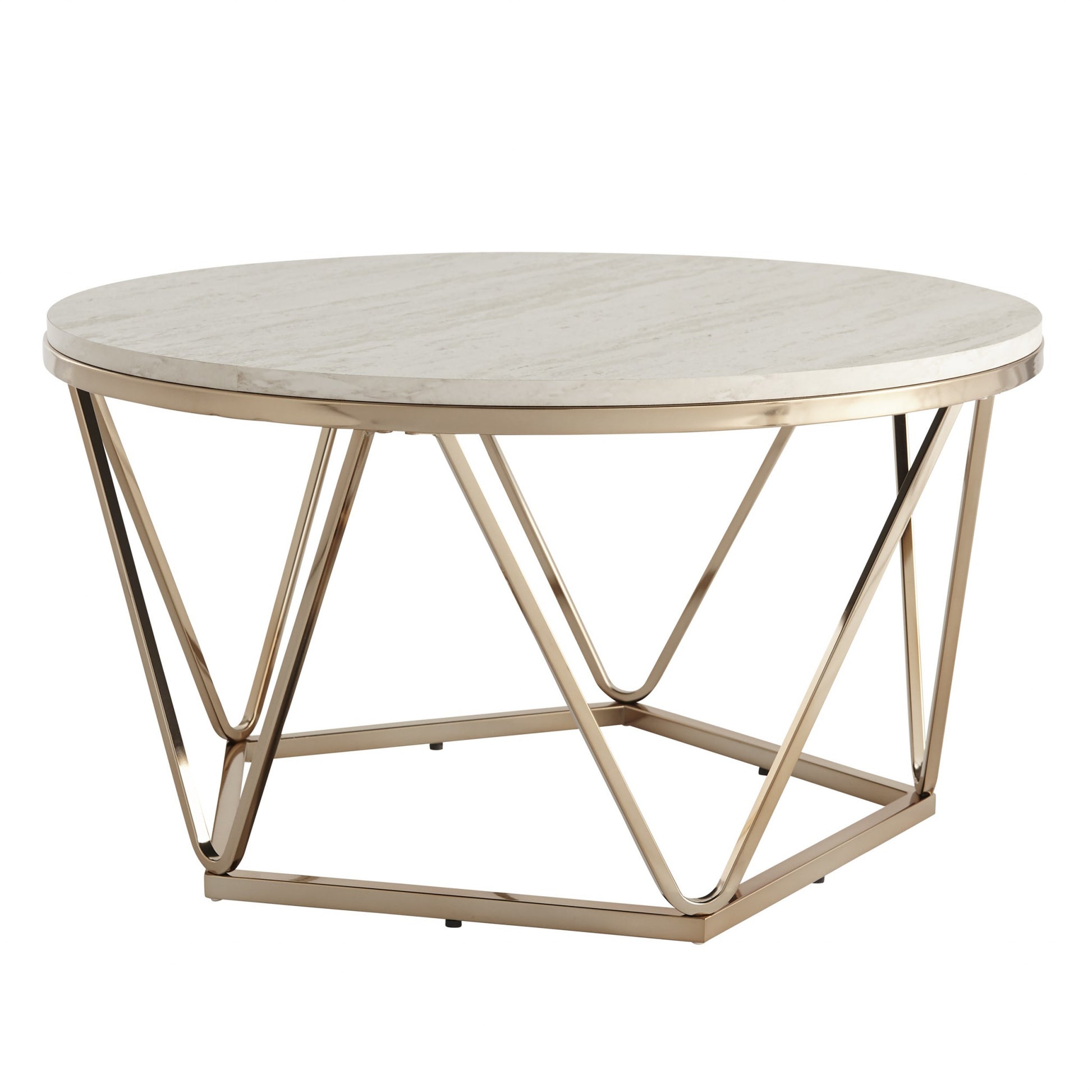 33" Champagne Solid Manufactured Wood And Metal Round Coffee Table-Coffee Tables-DECOROLALA