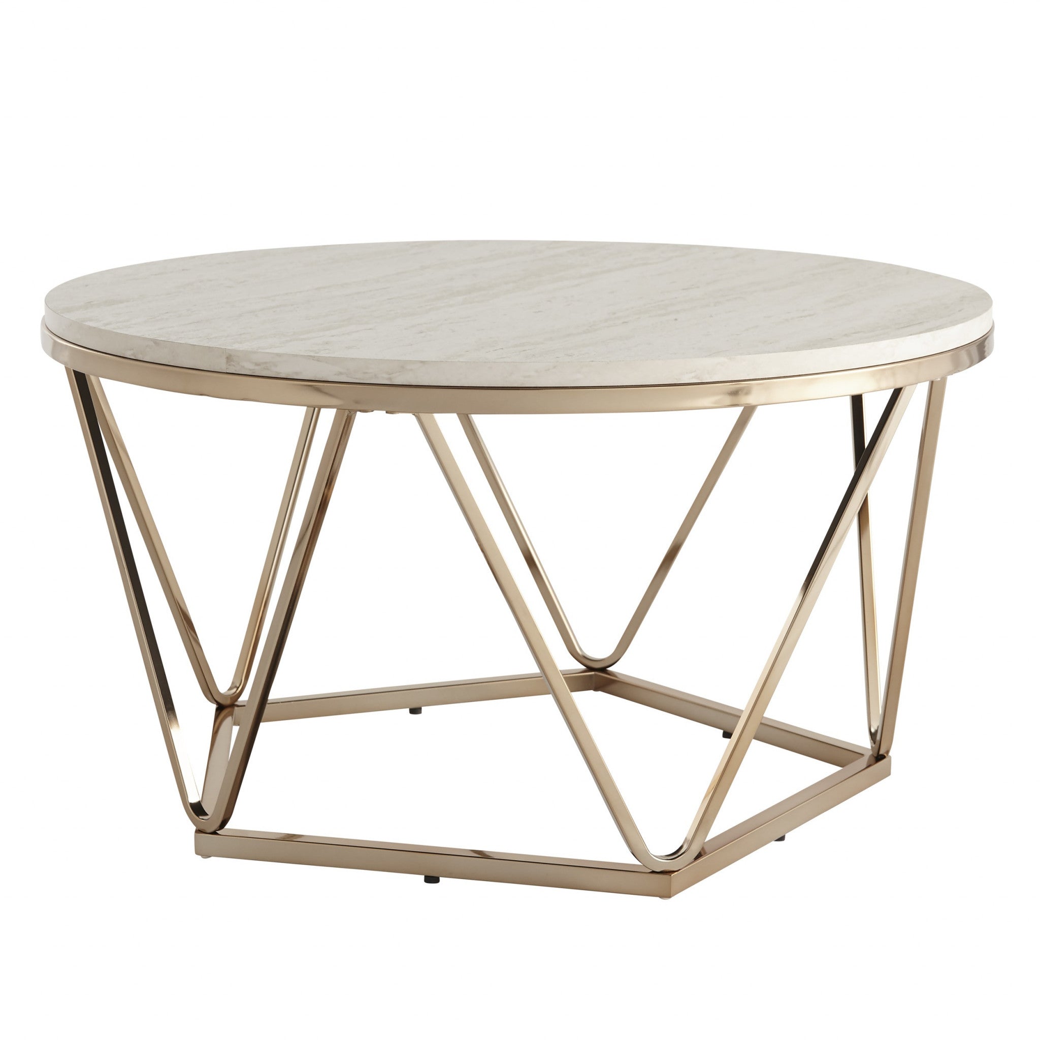 33" Champagne Solid Manufactured Wood And Metal Round Coffee Table-Coffee Tables-DECOROLALA