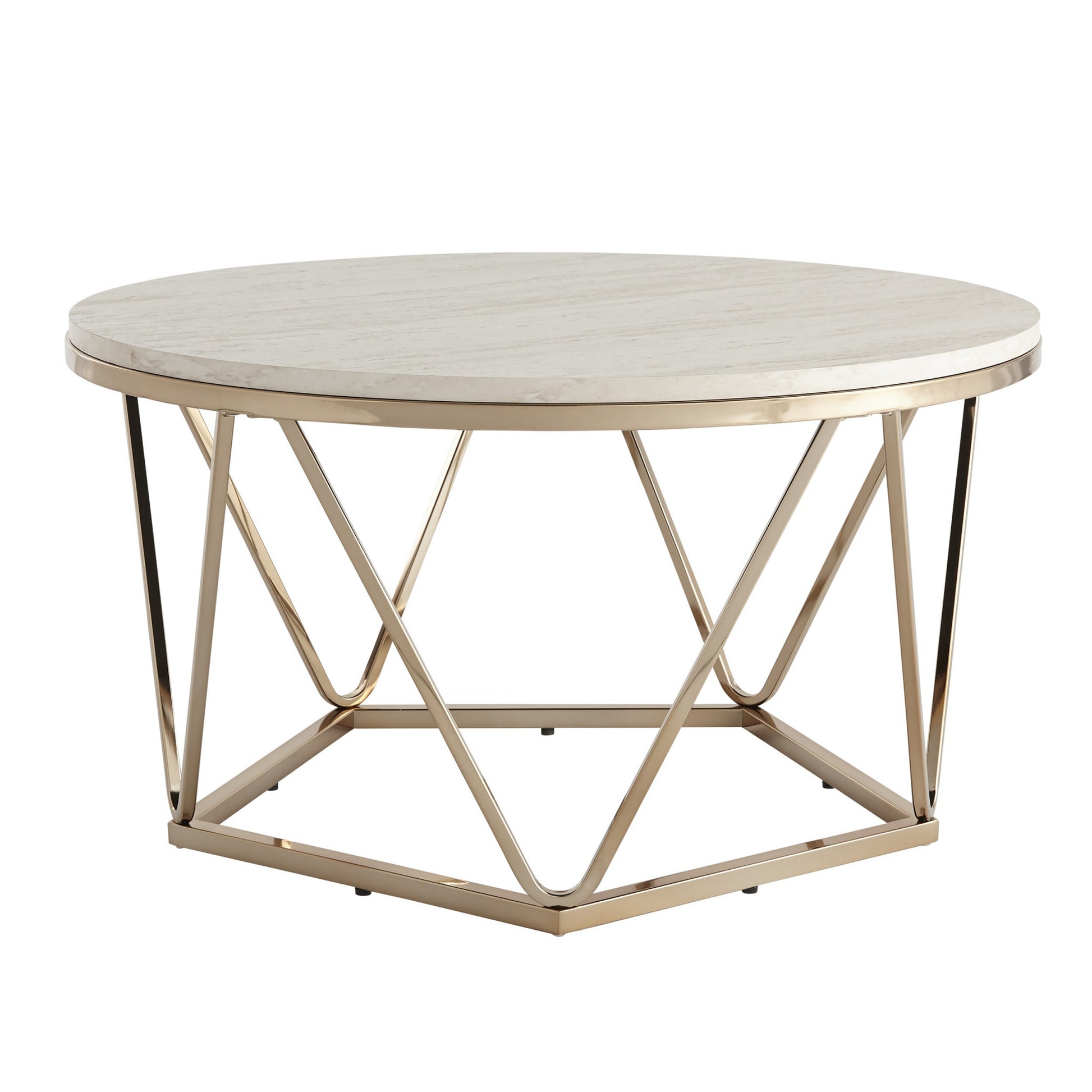 33" Champagne Solid Manufactured Wood And Metal Round Coffee Table-Coffee Tables-DECOROLALA