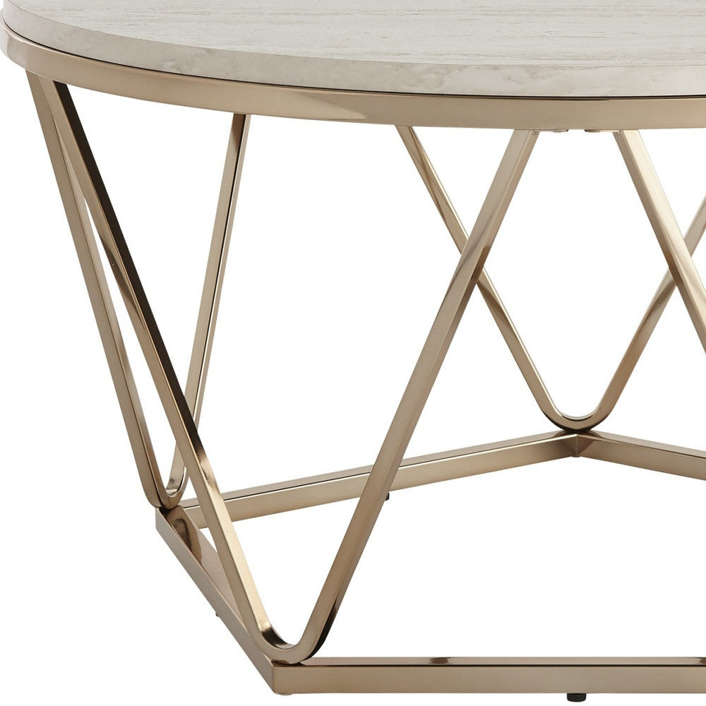 33" Champagne Solid Manufactured Wood And Metal Round Coffee Table-Coffee Tables-DECOROLALA