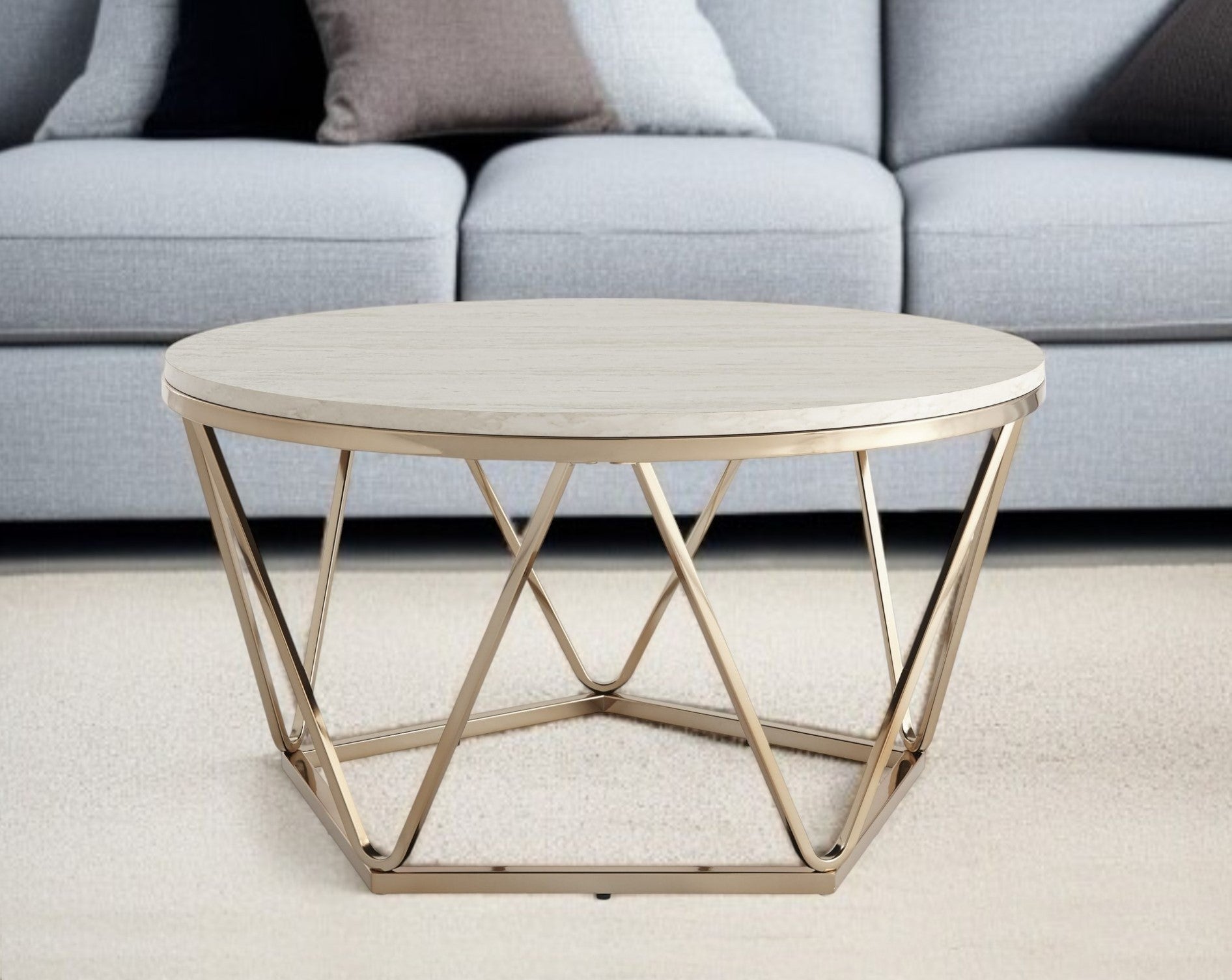33" Champagne Solid Manufactured Wood And Metal Round Coffee Table-Coffee Tables-DECOROLALA