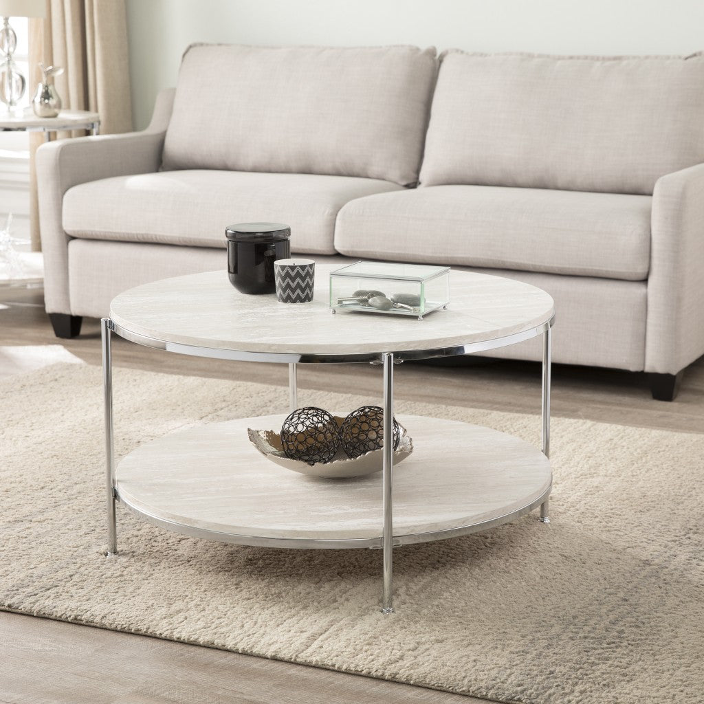 33" Chrome Faux Marble And Metal Round Coffee Table-Coffee Tables-DECOROLALA
