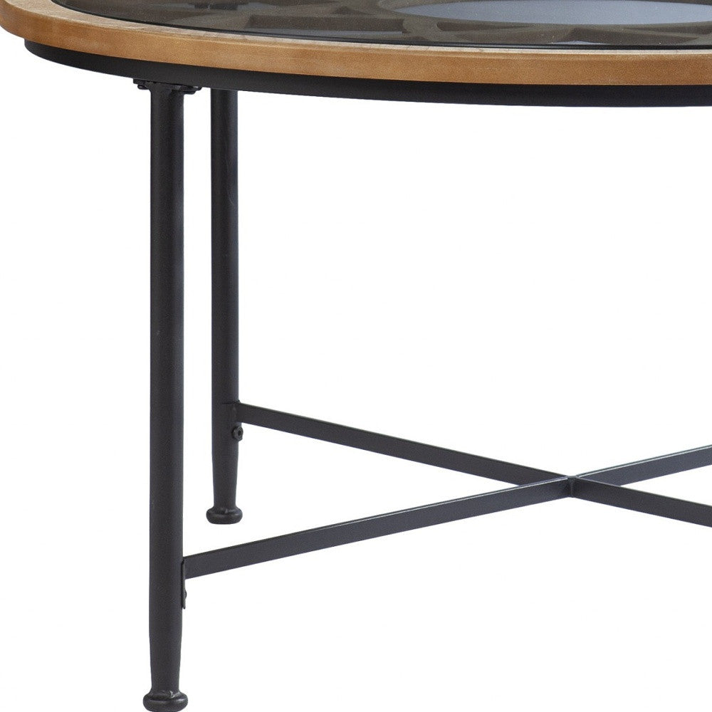 33" Floral Design Glass Top Round Coffee Table-Coffee Tables-DECOROLALA