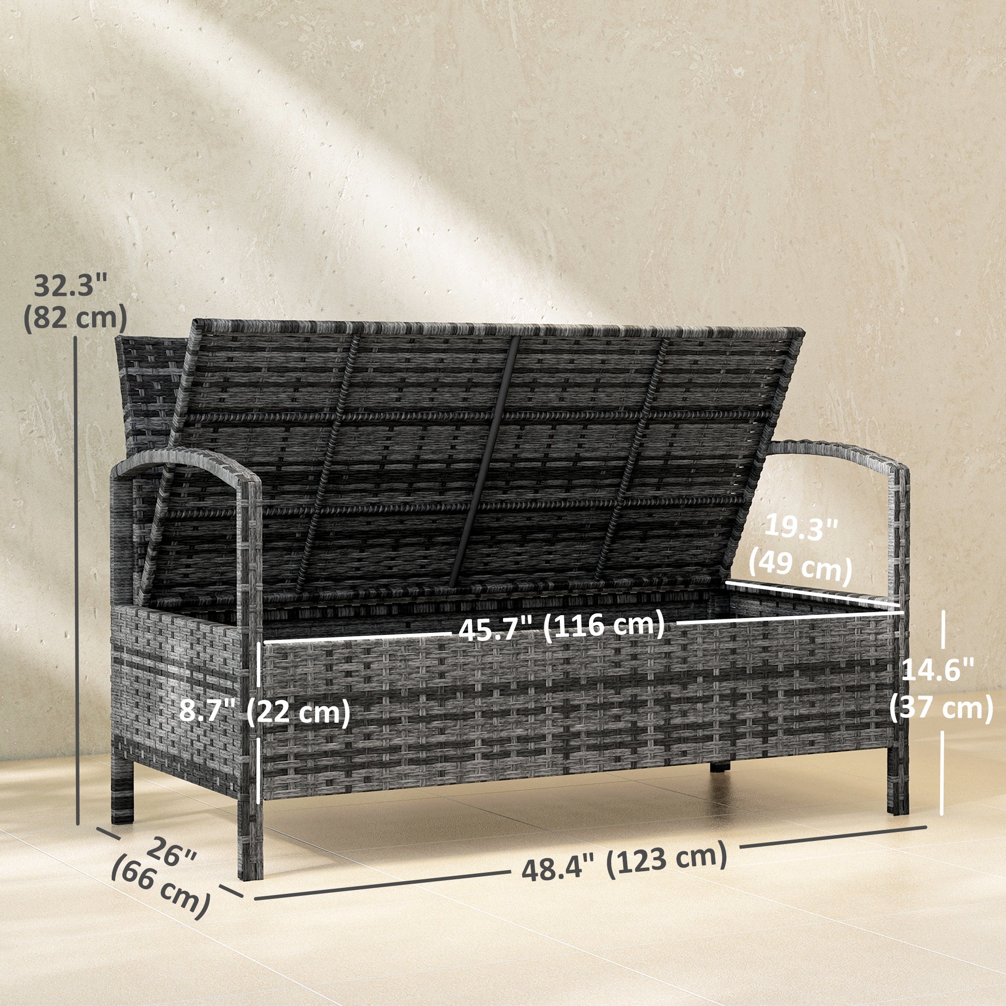 33 Gallon Outdoor Bench with Storage, Wicker Grey-DECOROLALA