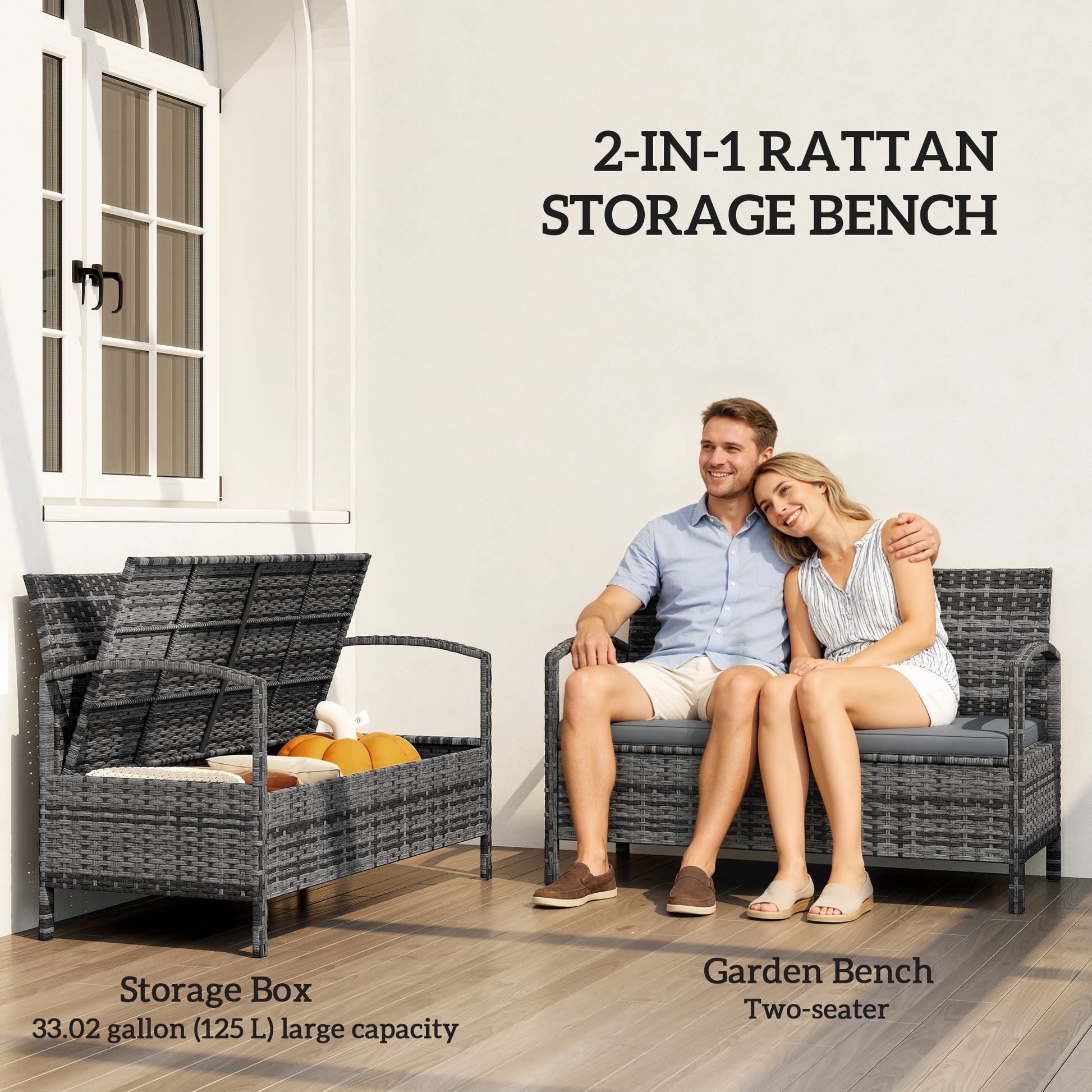 33 Gallon Outdoor Bench with Storage, Wicker Grey-DECOROLALA
