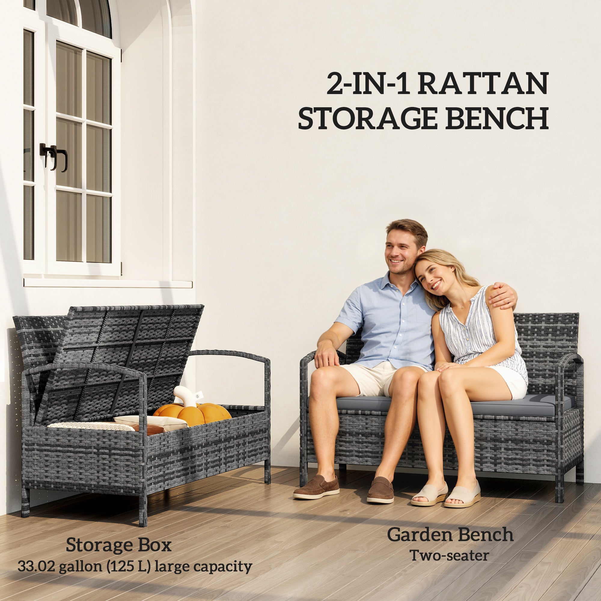 33 Gallon Outdoor Bench with Storage, Wicker Grey-DECOROLALA