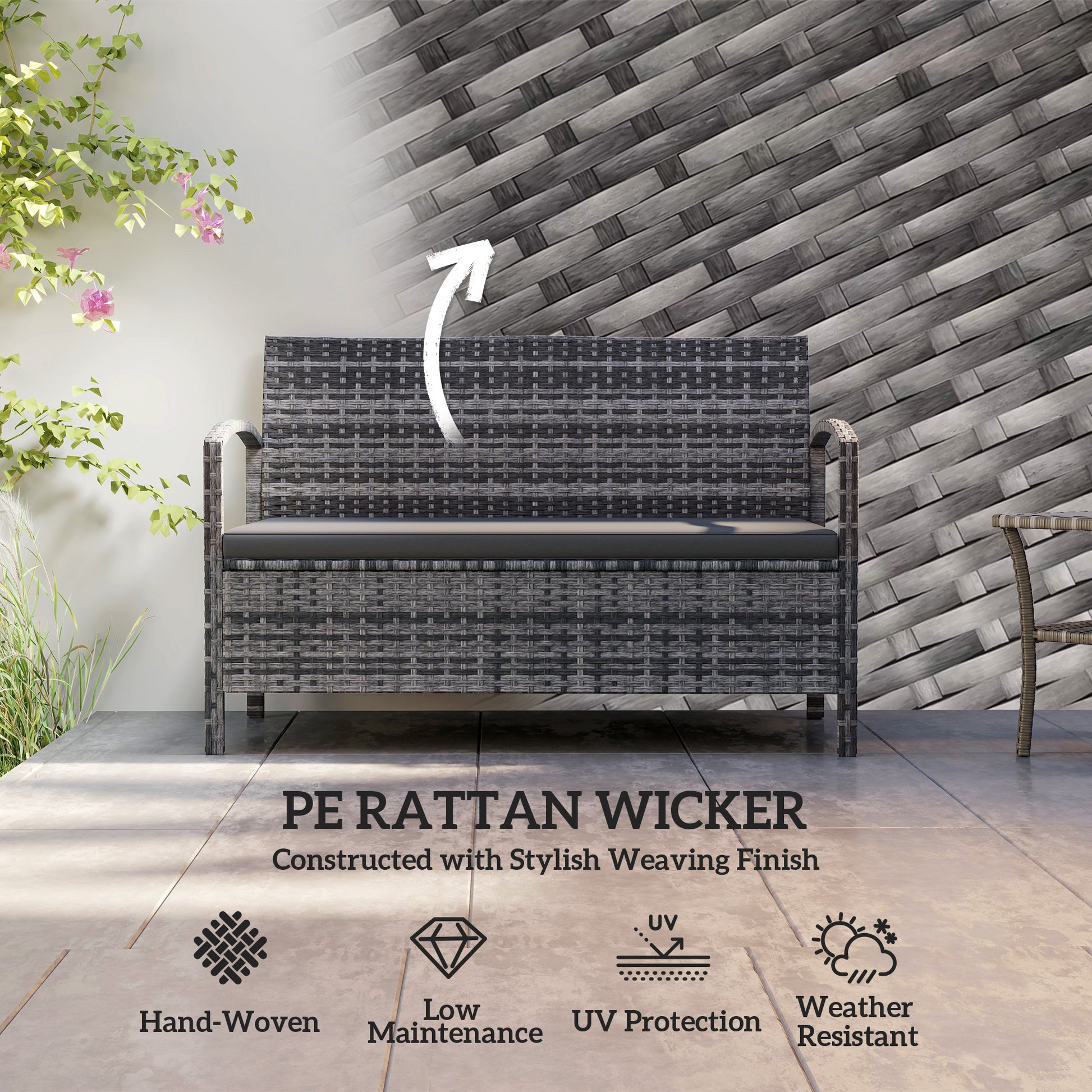 33 Gallon Outdoor Bench with Storage, Wicker Grey-DECOROLALA