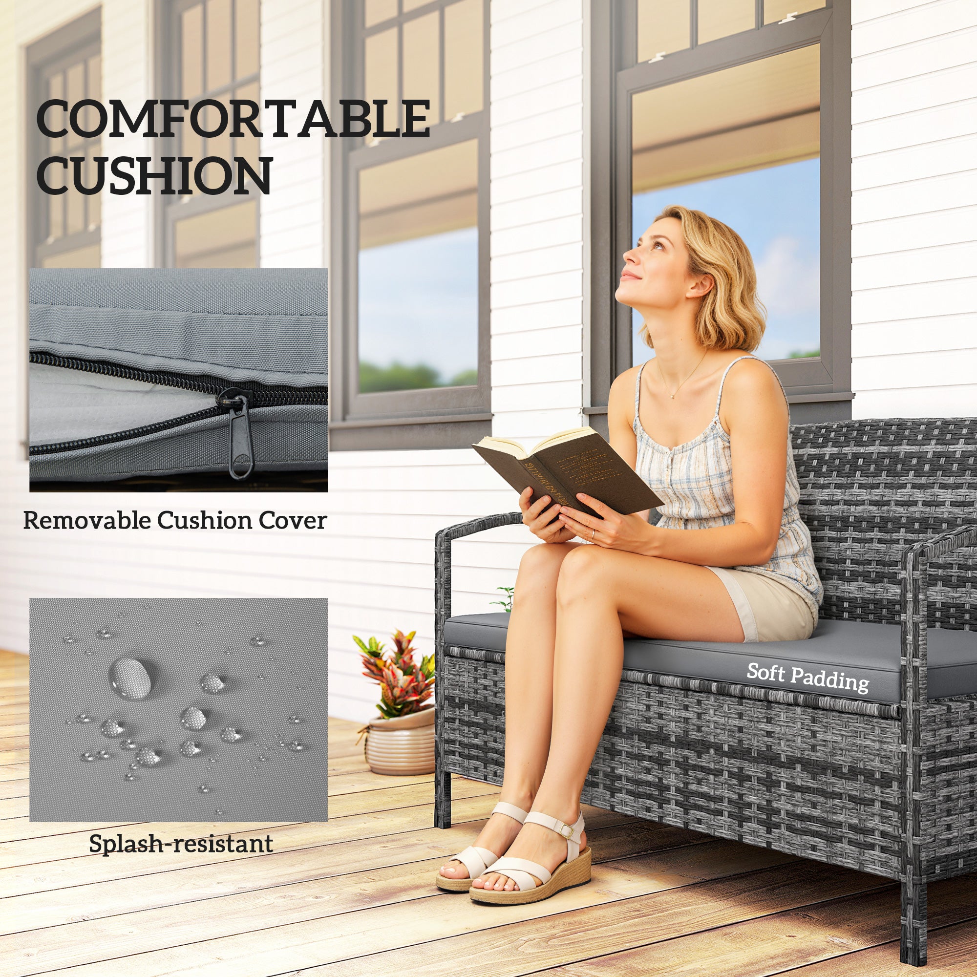 33 Gallon Outdoor Bench with Storage, Wicker Grey-DECOROLALA