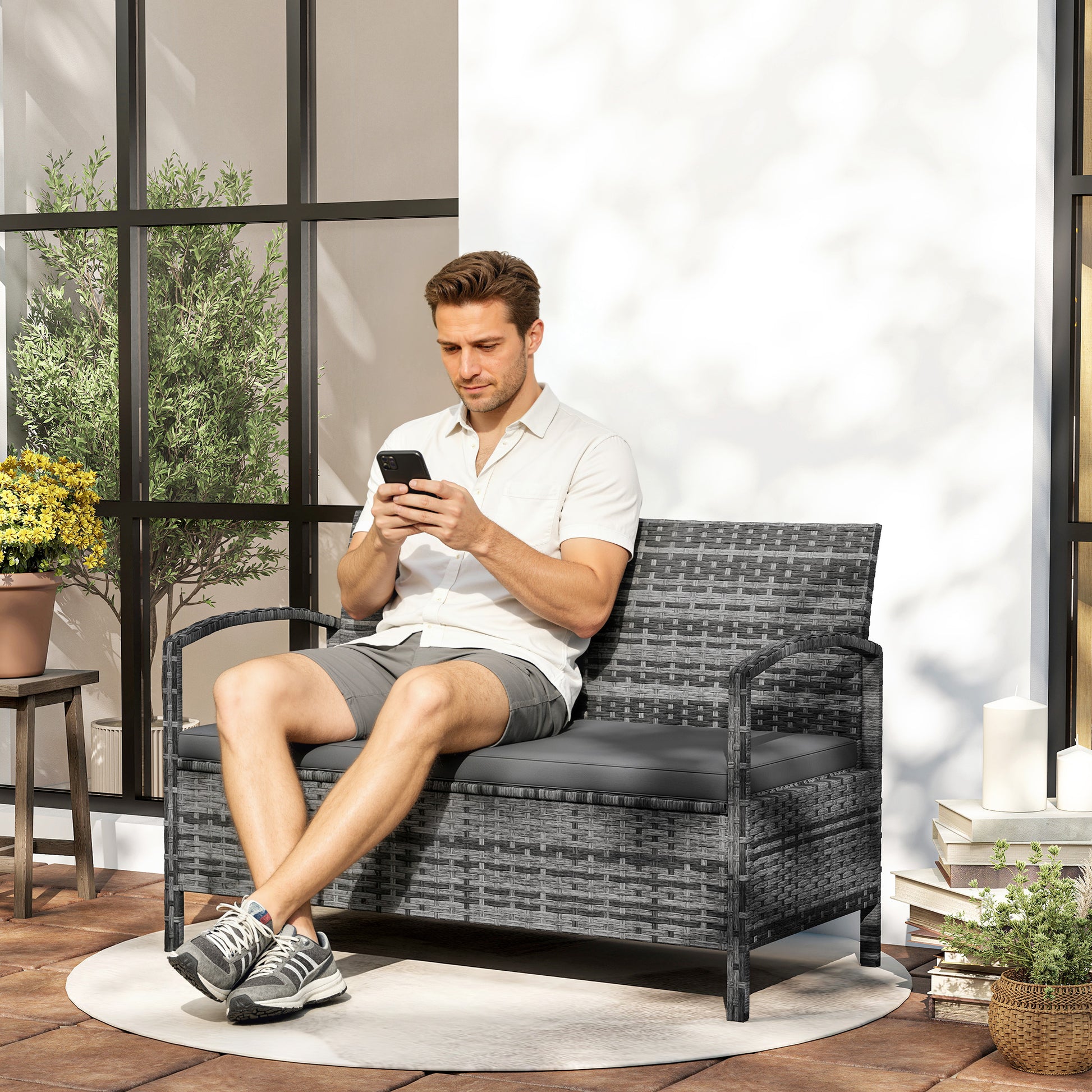 33 Gallon Outdoor Bench with Storage, Wicker Grey-DECOROLALA