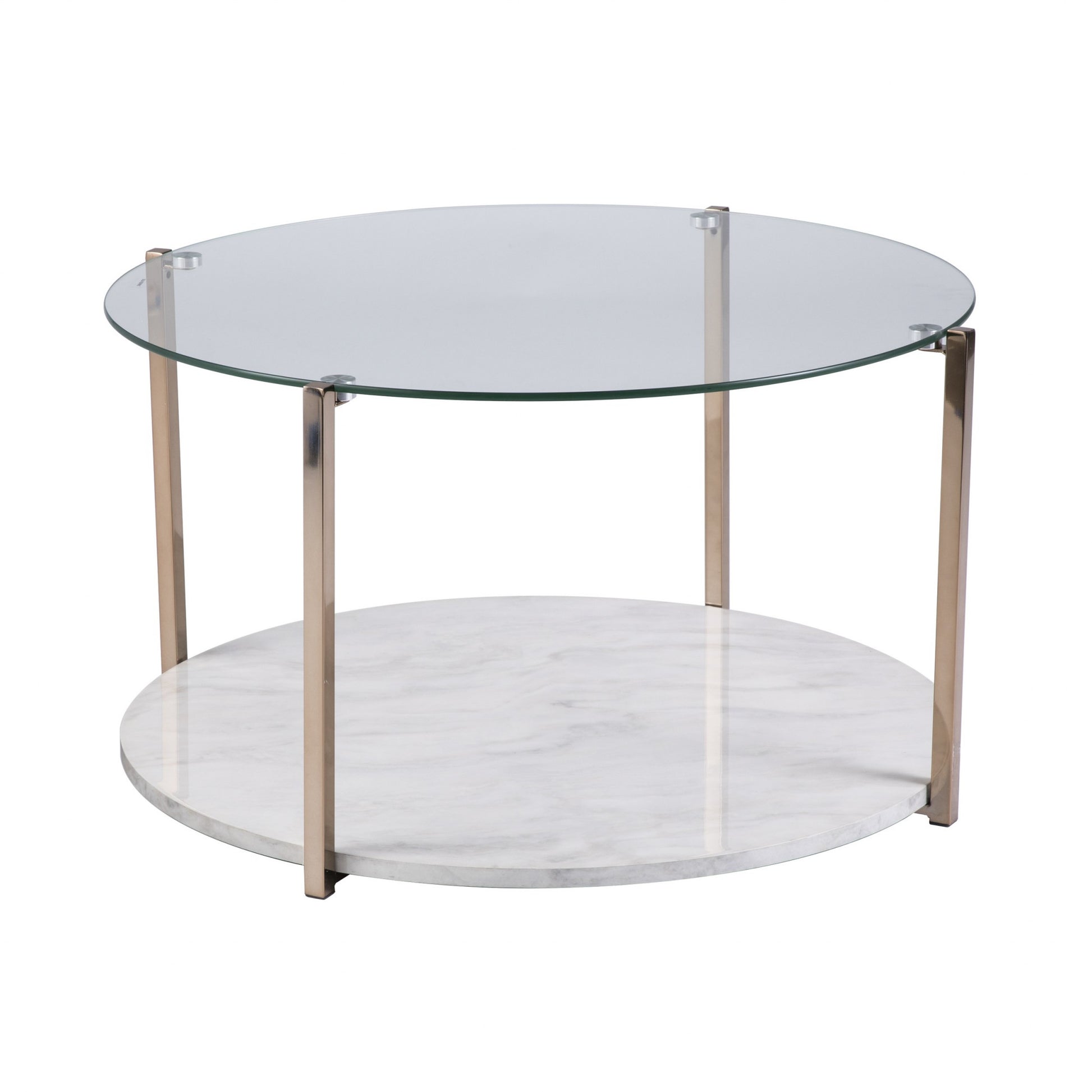 33" Gold Glam Glass And Faux Marble Two Tier Round Coffee Table-Coffee Tables-DECOROLALA
