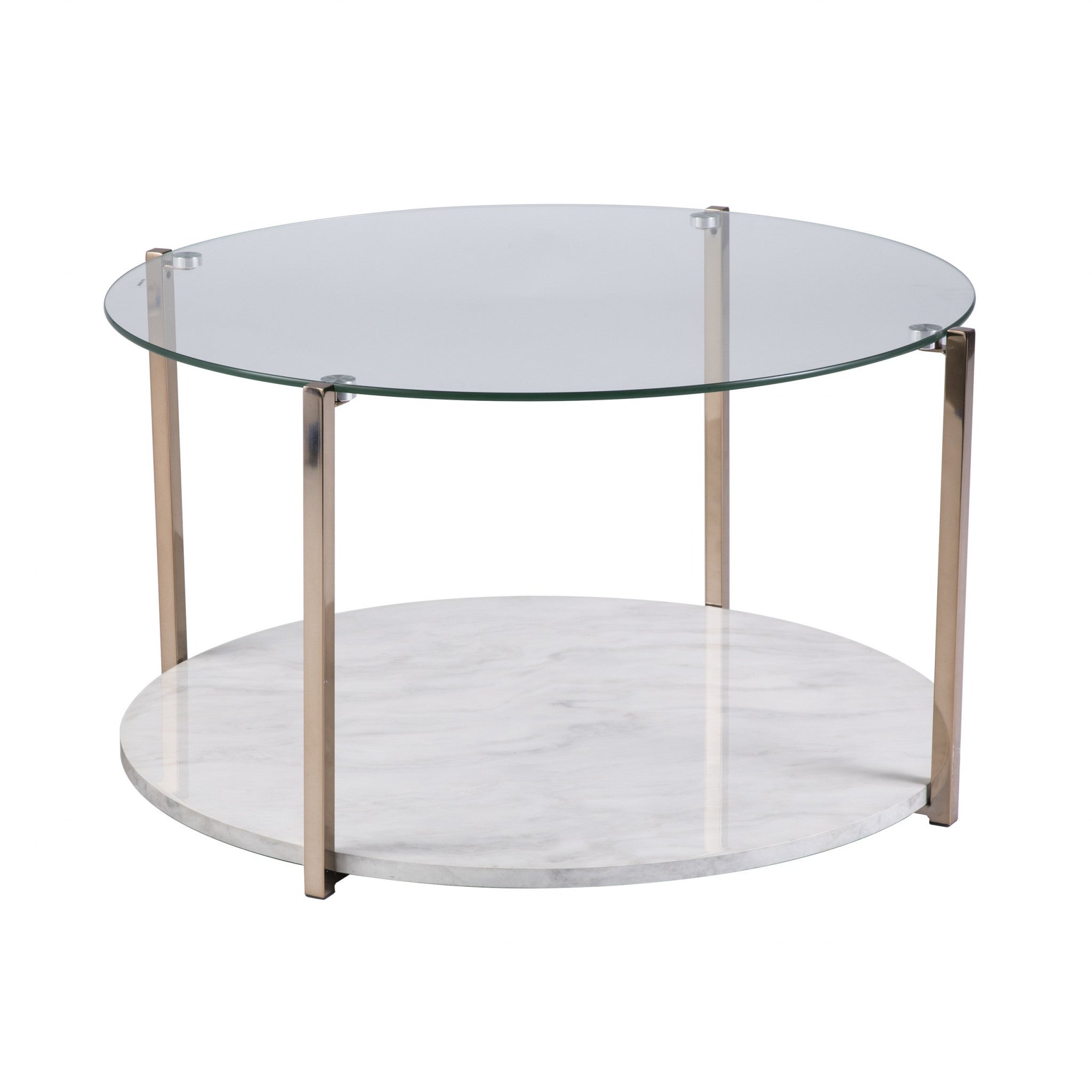 33" Gold Glam Glass And Faux Marble Two Tier Round Coffee Table-Coffee Tables-DECOROLALA