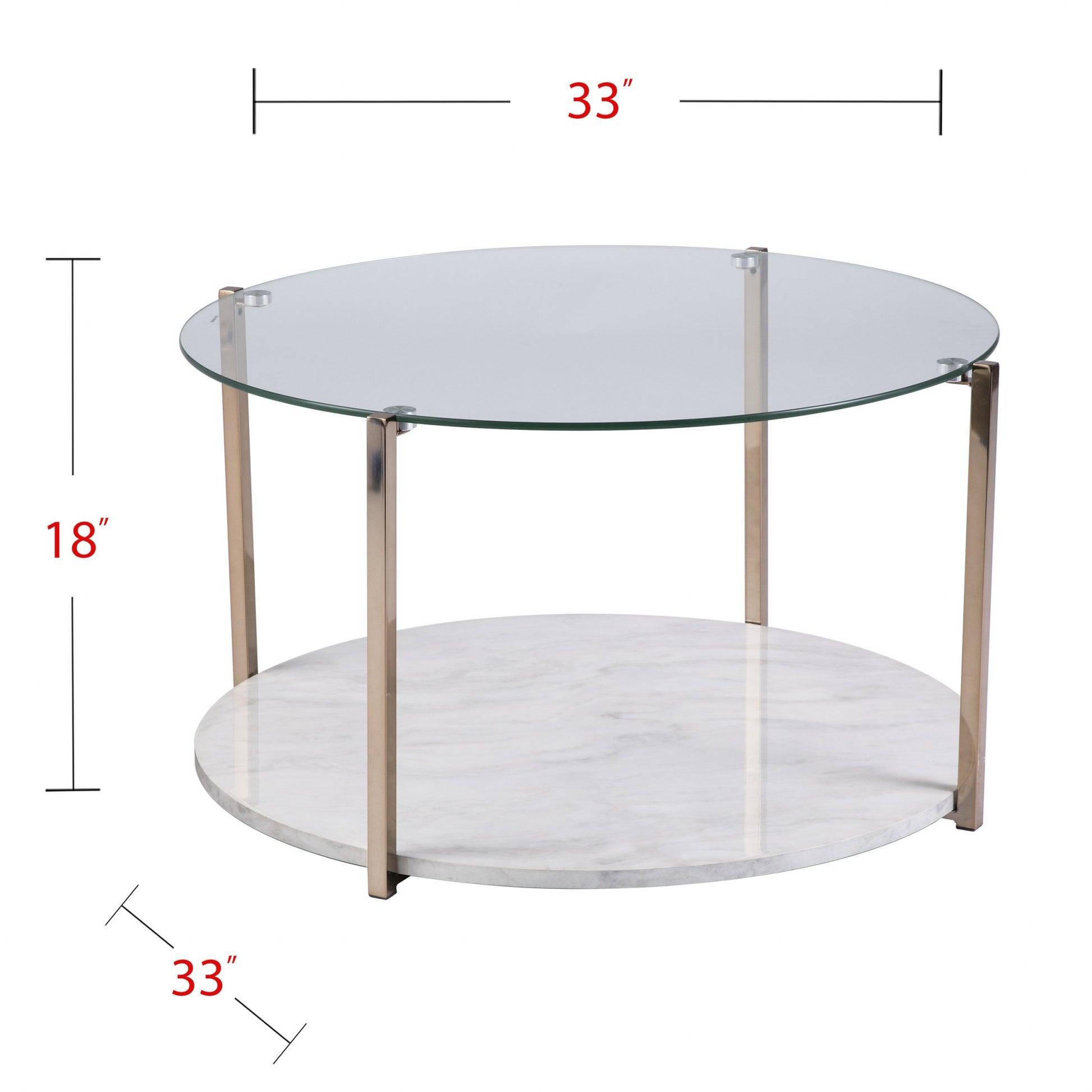 33" Gold Glam Glass And Faux Marble Two Tier Round Coffee Table-Coffee Tables-DECOROLALA