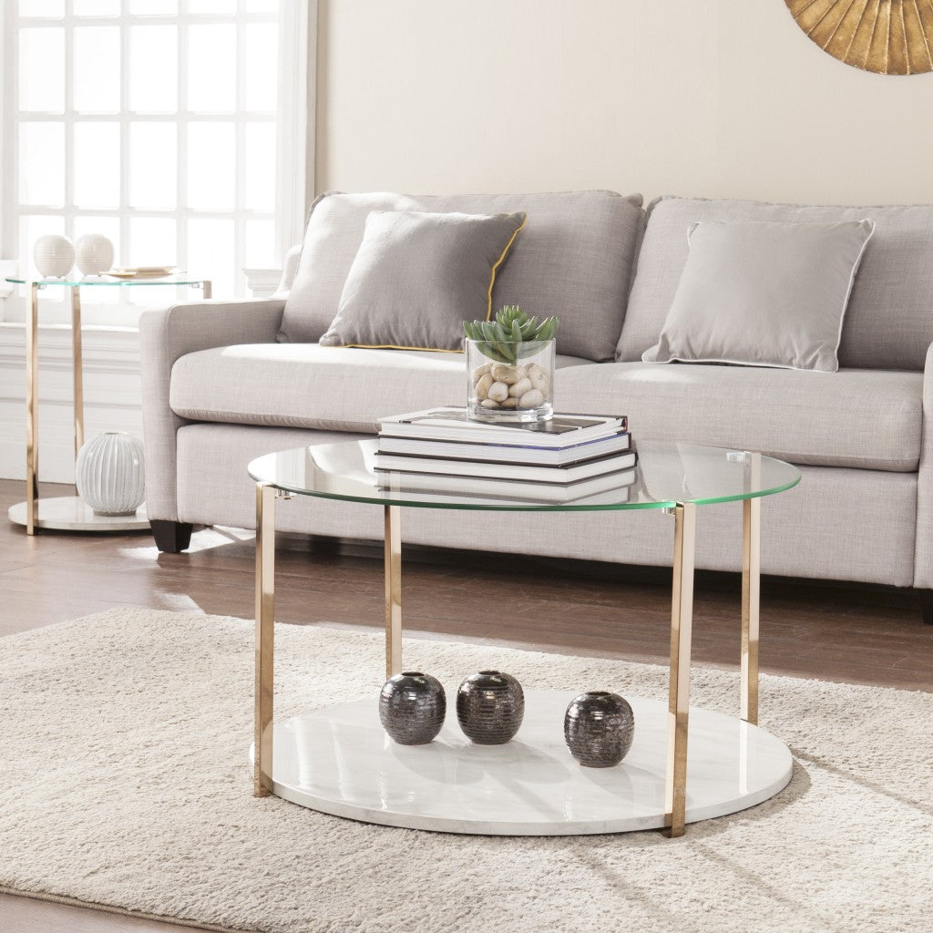 33" Gold Glam Glass And Faux Marble Two Tier Round Coffee Table-Coffee Tables-DECOROLALA