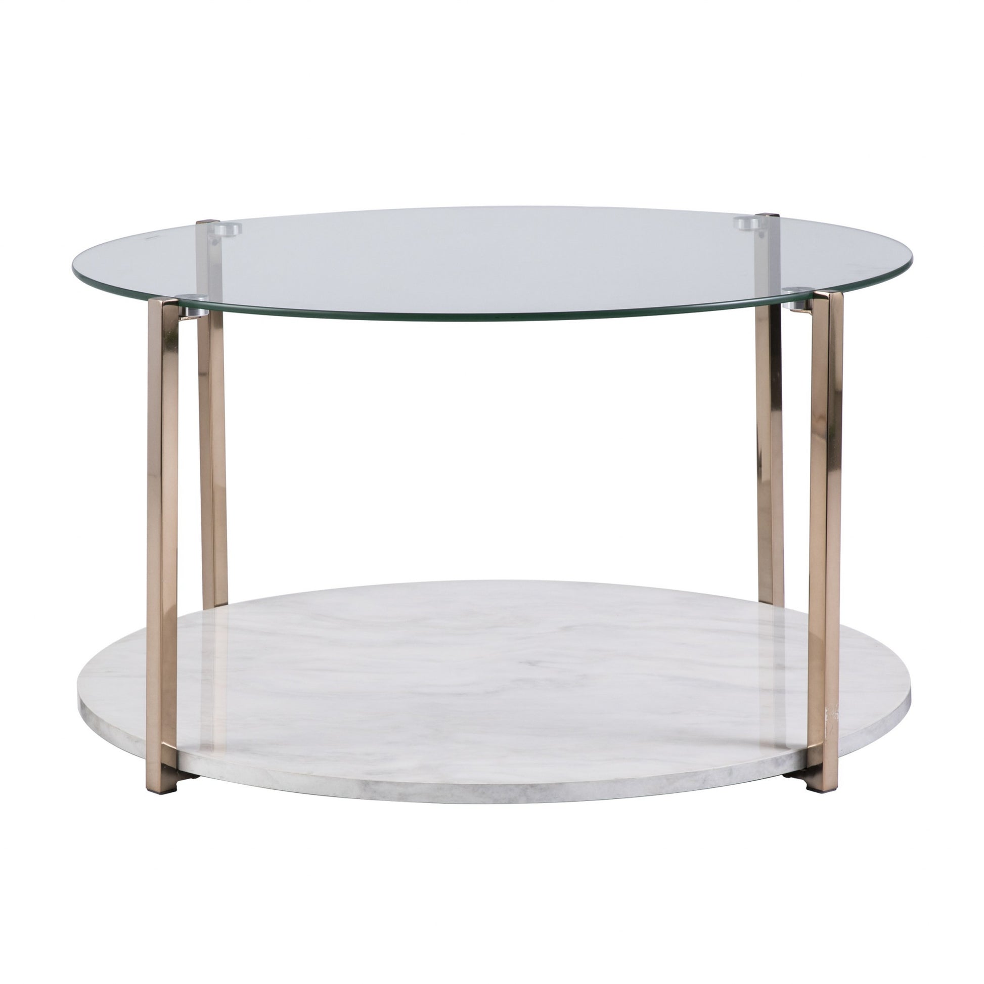 33" Gold Glam Glass And Faux Marble Two Tier Round Coffee Table-Coffee Tables-DECOROLALA