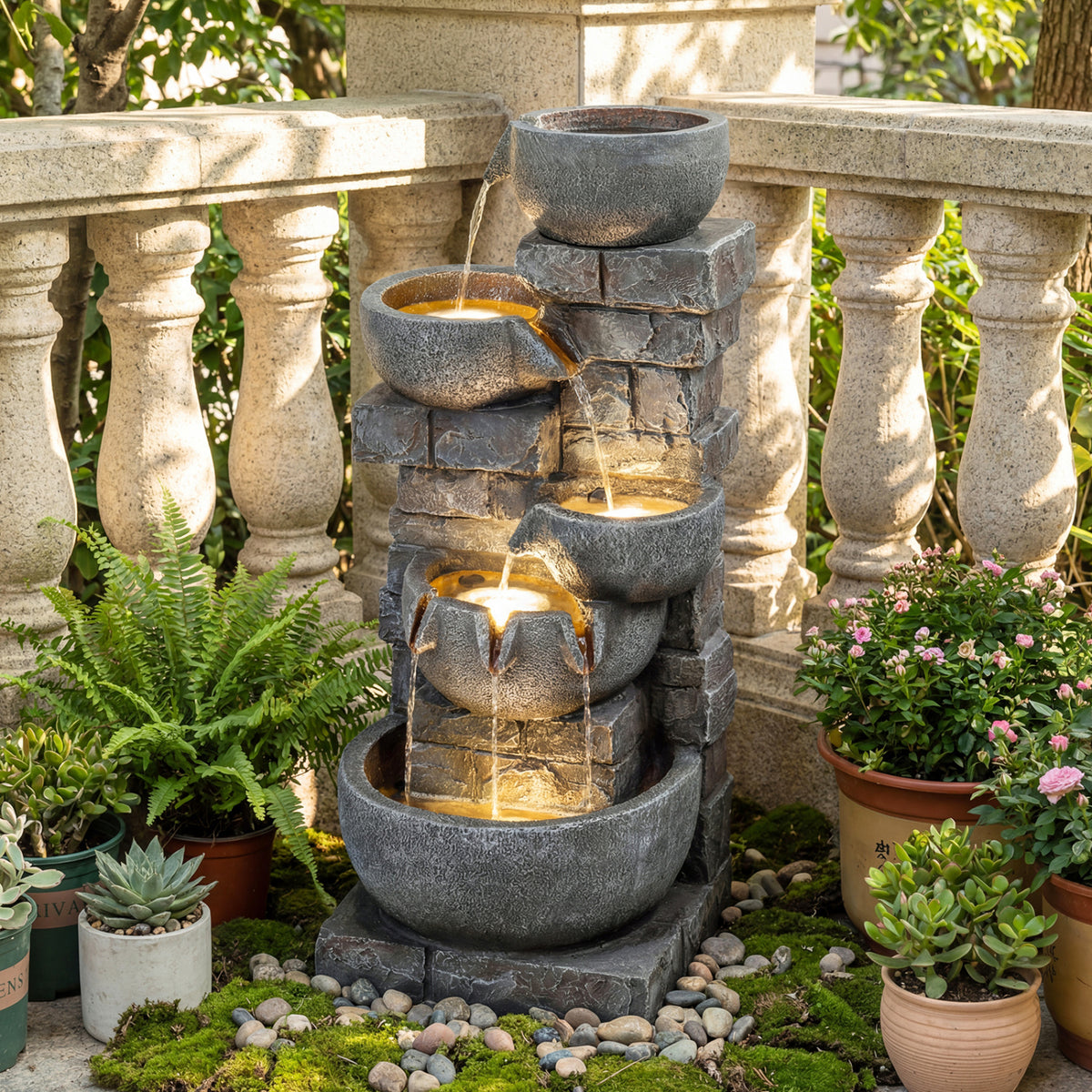 33" H Outdoor Water Fountain with LED Lights for Patio-Outdoor Water Fountains-DECOROLALA
