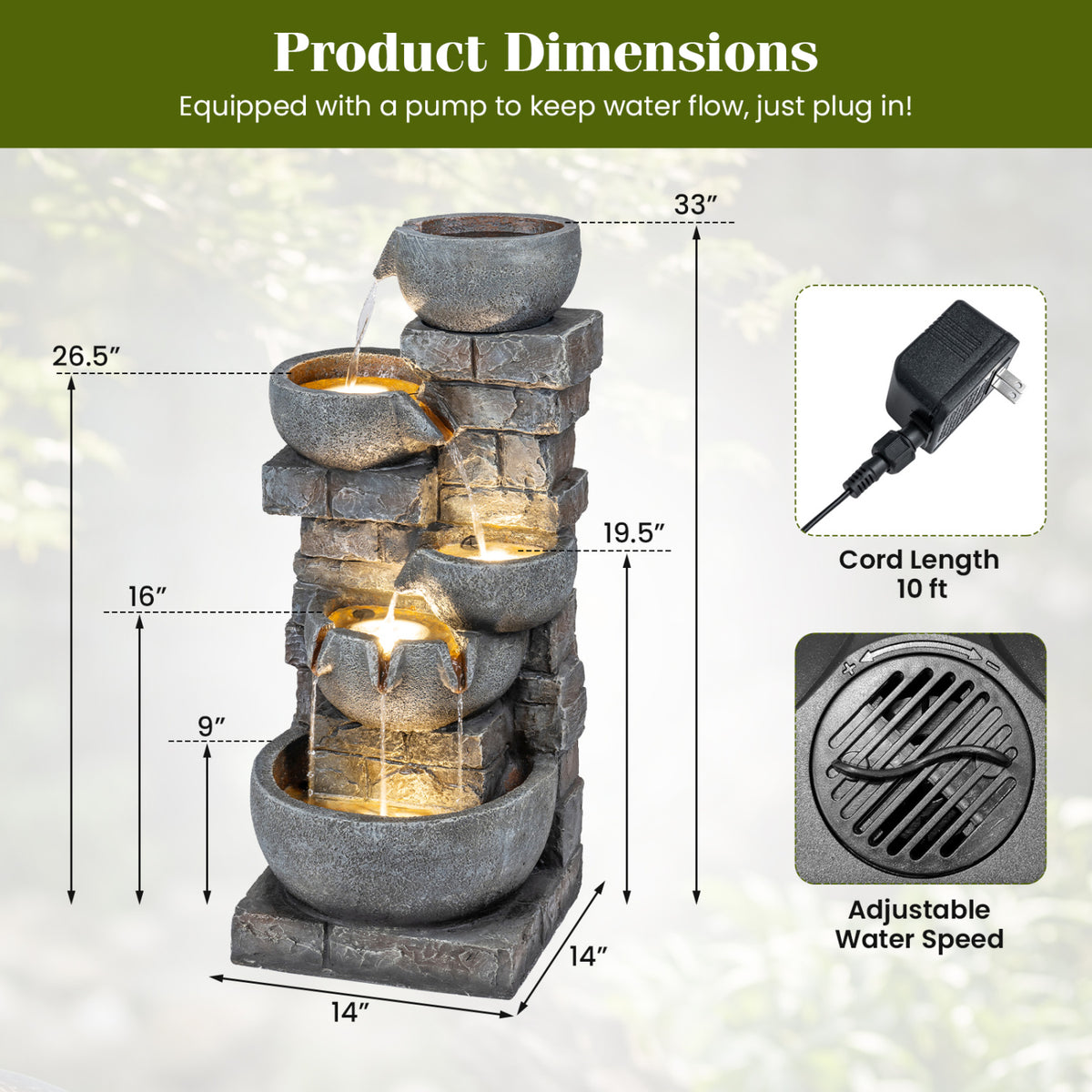 33" H Outdoor Water Fountain with LED Lights for Patio-Outdoor Water Fountains-DECOROLALA