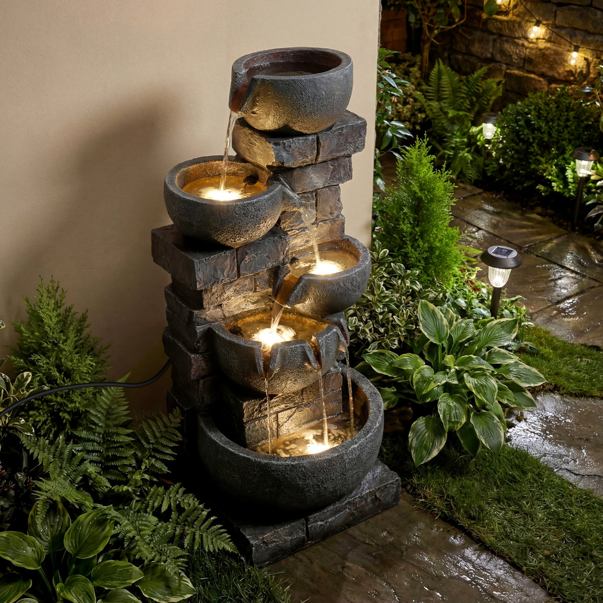33" H Outdoor Water Fountain with LED Lights for Patio-Outdoor Water Fountains-DECOROLALA