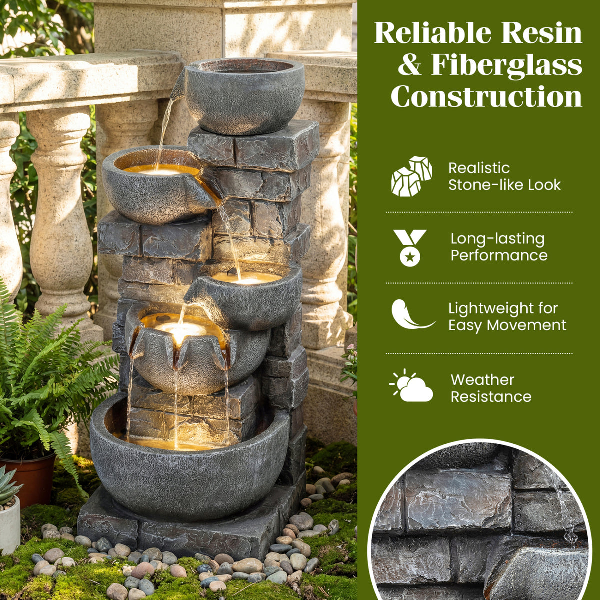 33" H Outdoor Water Fountain with LED Lights for Patio-Outdoor Water Fountains-DECOROLALA