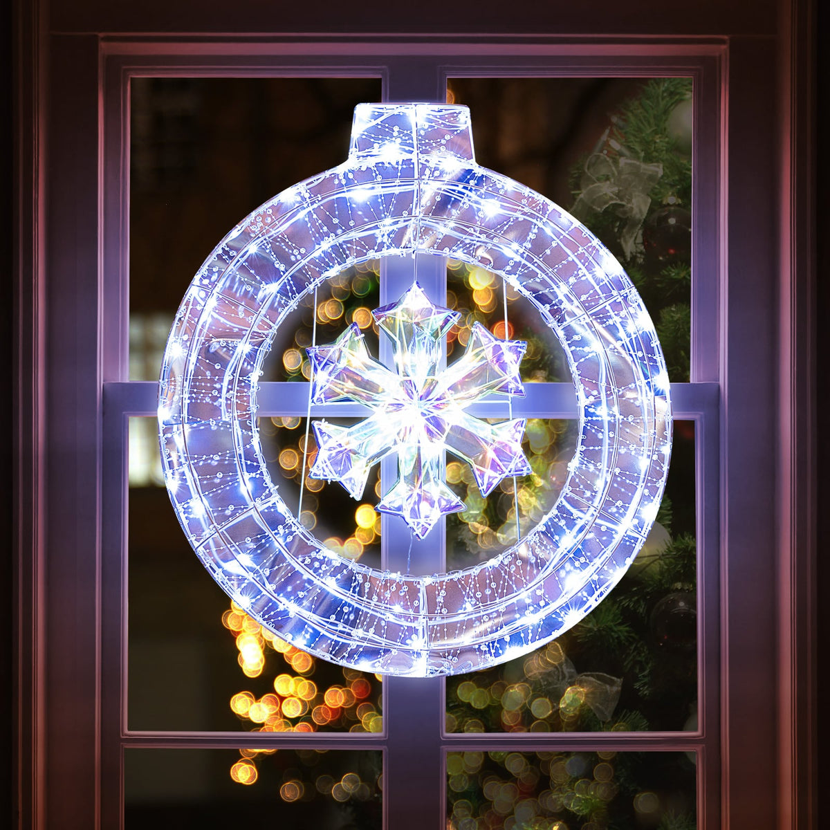 33 Inch Lighted Snowflake Wreath with Hanging Ring and Support Bracket-Christmas Decorations & Accessories-DECOROLALA