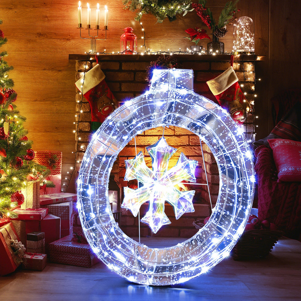 33 Inch Lighted Snowflake Wreath with Hanging Ring and Support Bracket-Christmas Decorations & Accessories-DECOROLALA
