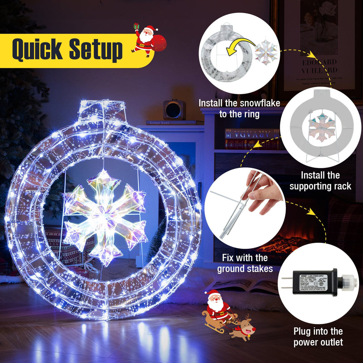 33 Inch Lighted Snowflake Wreath with Hanging Ring and Support Bracket-Christmas Decorations & Accessories-DECOROLALA