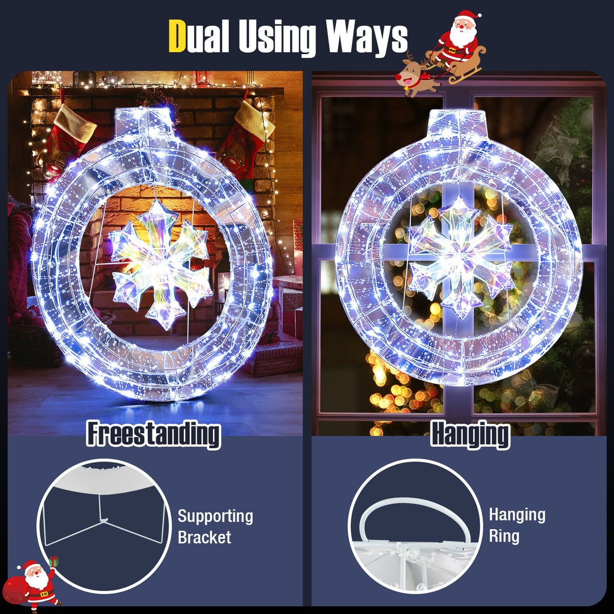 33 Inch Lighted Snowflake Wreath with Hanging Ring and Support Bracket-Christmas Decorations & Accessories-DECOROLALA