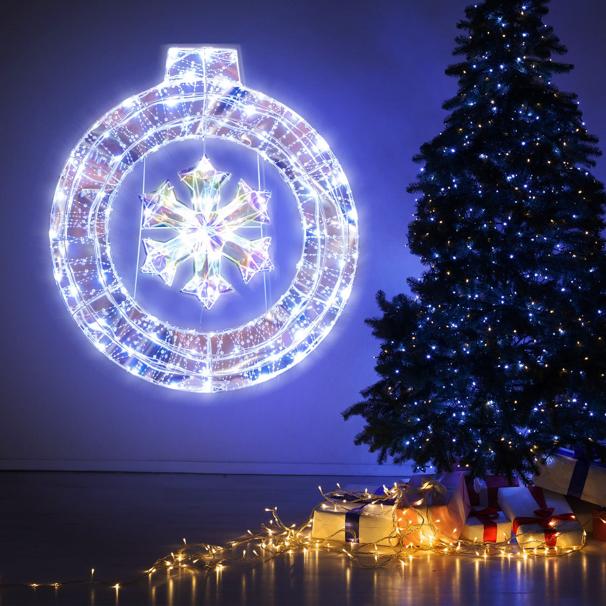 33 Inch Lighted Snowflake Wreath with Hanging Ring and Support Bracket-Christmas Decorations & Accessories-DECOROLALA