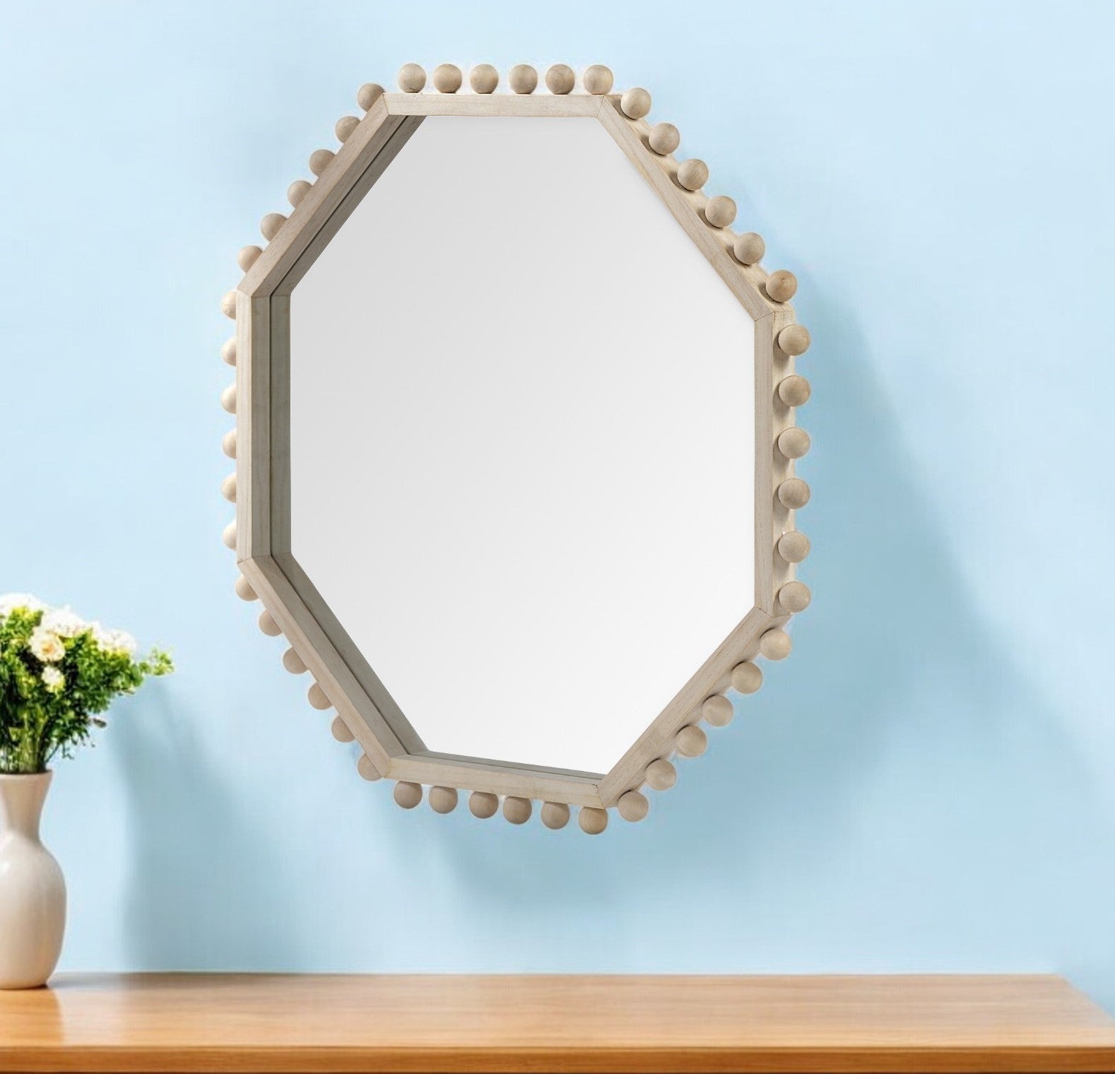 33" Natural Octagon Wood Framed Accent Mirror-Mirrors-DECOROLALA