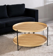 33" Natural and Black Wood and Metal Round Coffee Table-Coffee Tables-DECOROLALA