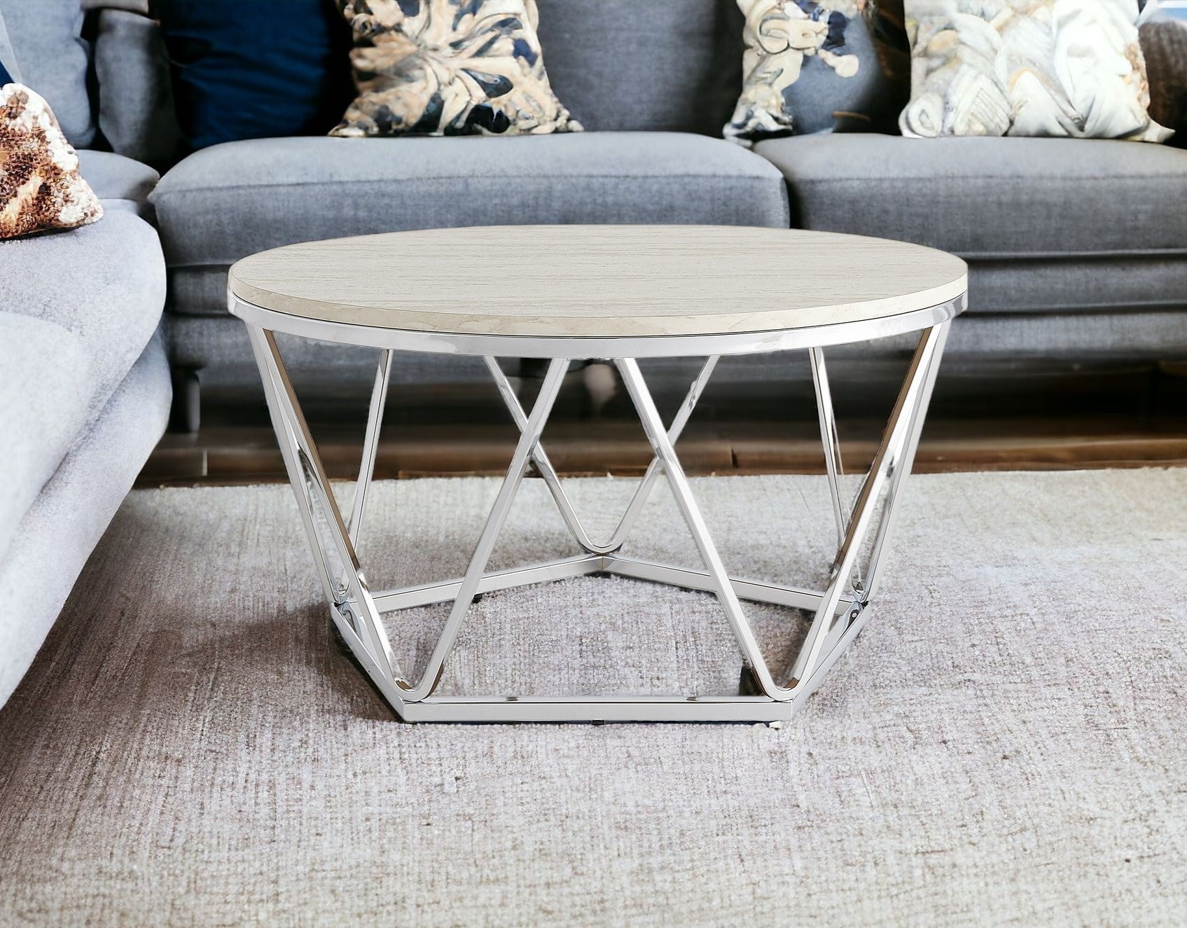 33" Silver Manufactured Wood And Metal Round Coffee Table-Coffee Tables-DECOROLALA