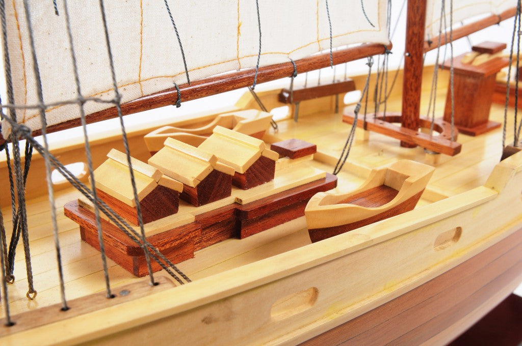 33" Wood Brown Solid Wood Hand Painted Bluenose II Model Boat-Sculptures-DECOROLALA