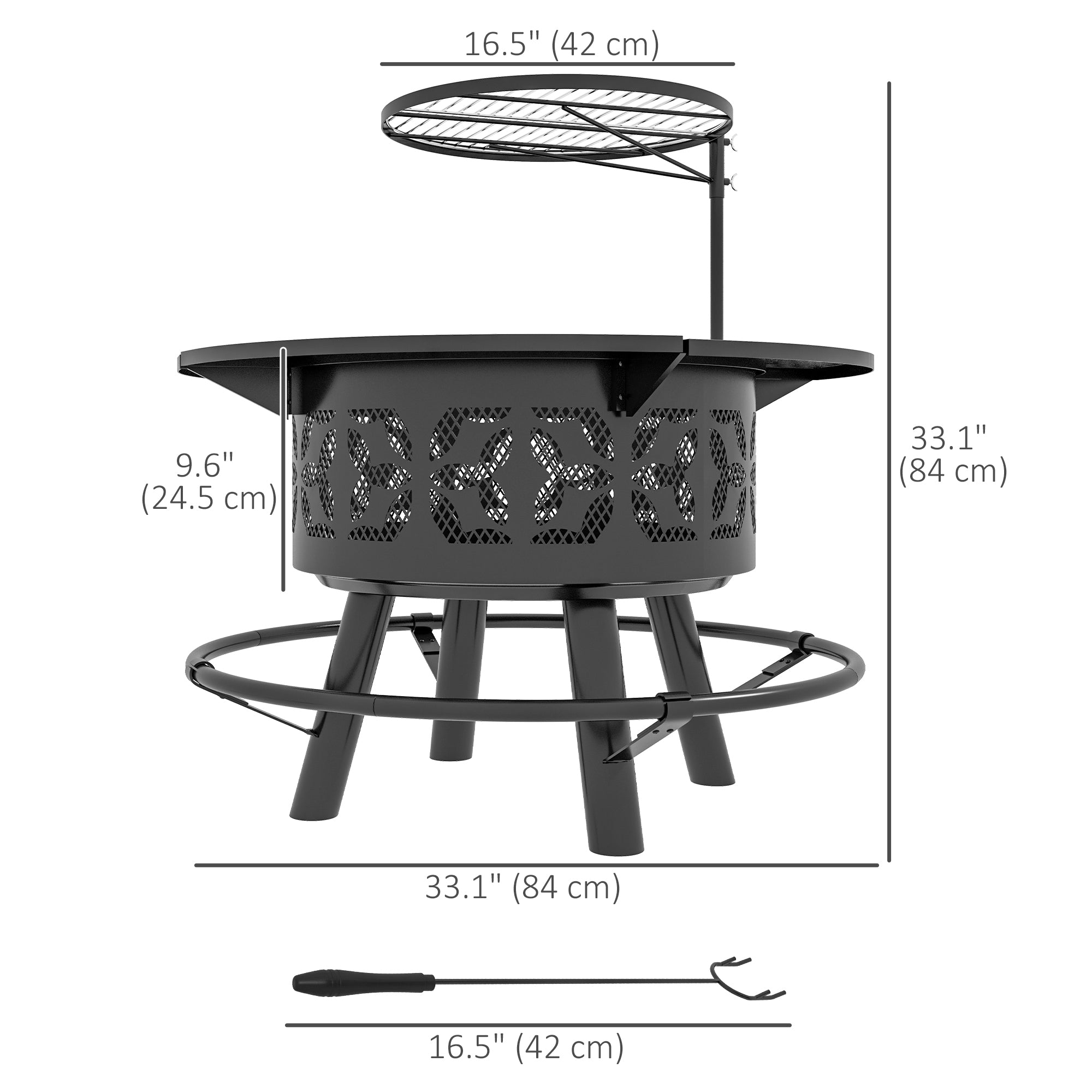 33" Wood Burning Fire Pit & BBQ Grill with Poker - Black-Patio & Garden > Fire Pits-DECOROLALA