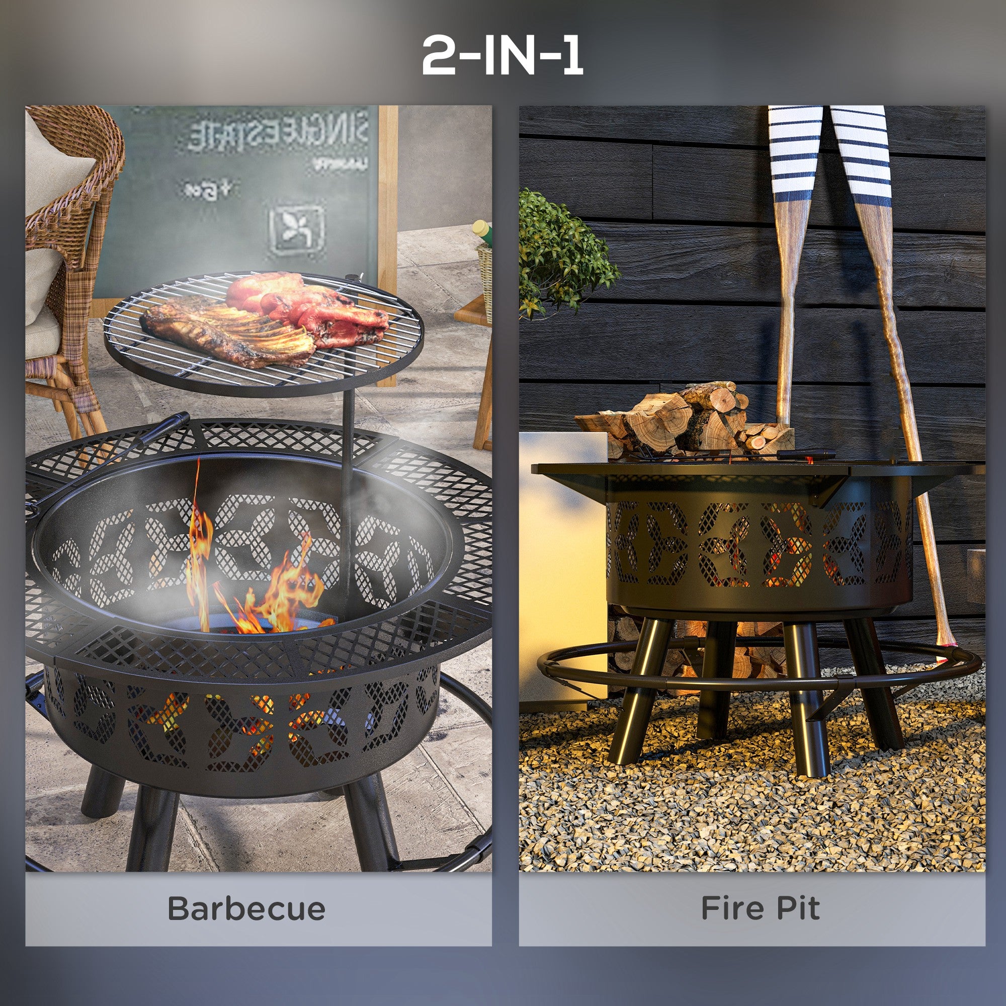 33" Wood Burning Fire Pit & BBQ Grill with Poker - Black-Patio & Garden > Fire Pits-DECOROLALA
