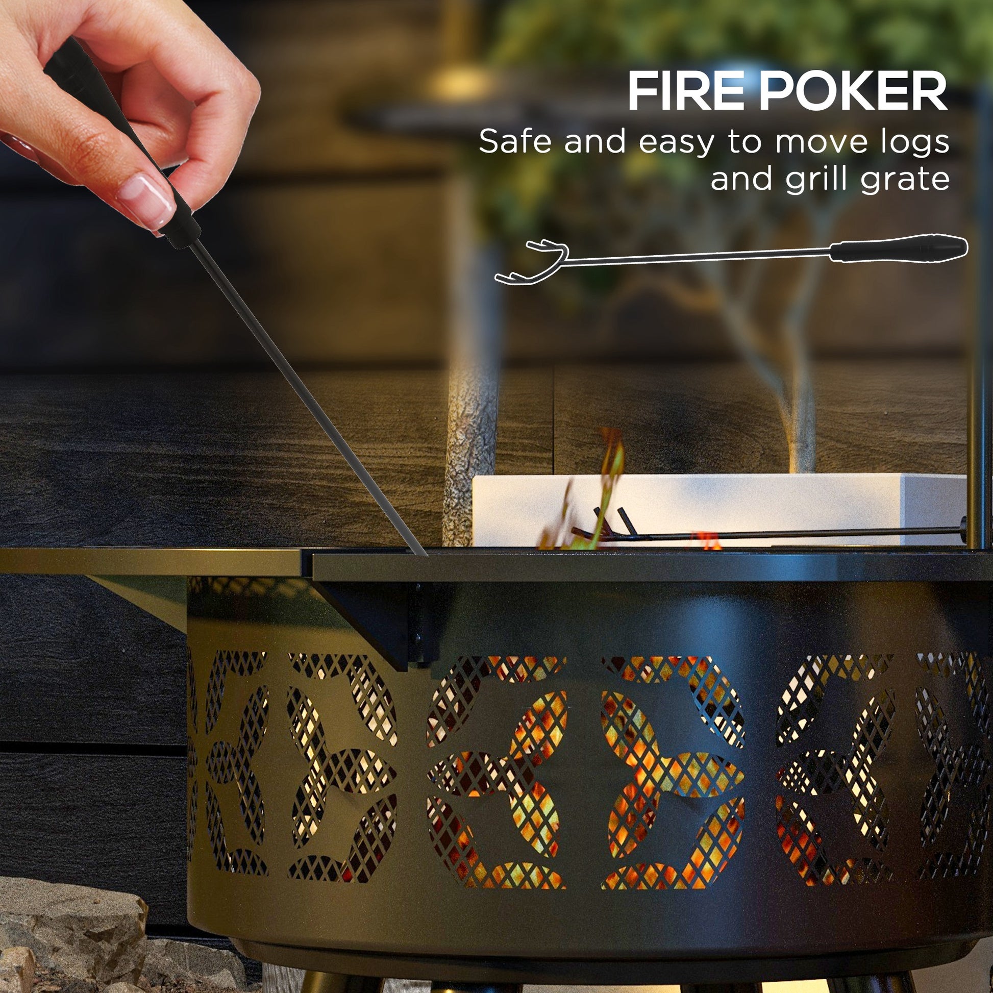33" Wood Burning Fire Pit & BBQ Grill with Poker - Black-Patio & Garden > Fire Pits-DECOROLALA