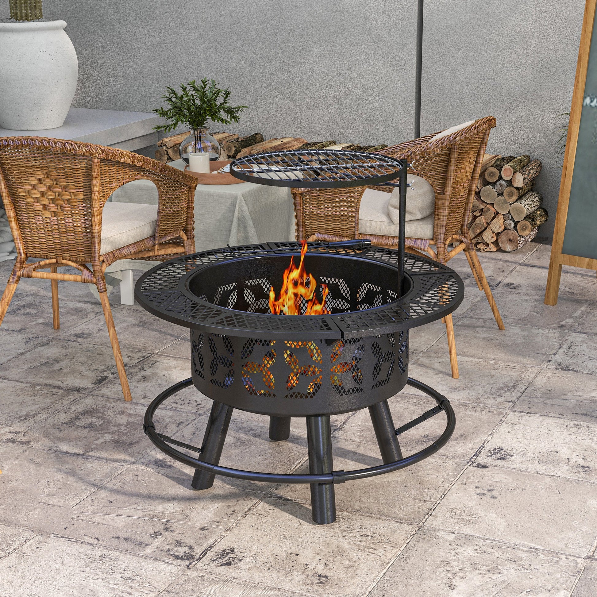 33" Wood Burning Fire Pit & BBQ Grill with Poker - Black-Patio & Garden > Fire Pits-DECOROLALA