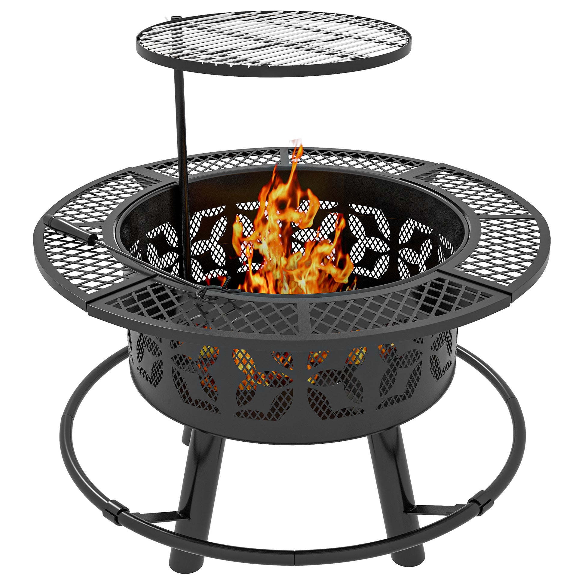 33" Wood Burning Fire Pit & BBQ Grill with Poker - Black-Patio & Garden > Fire Pits-DECOROLALA